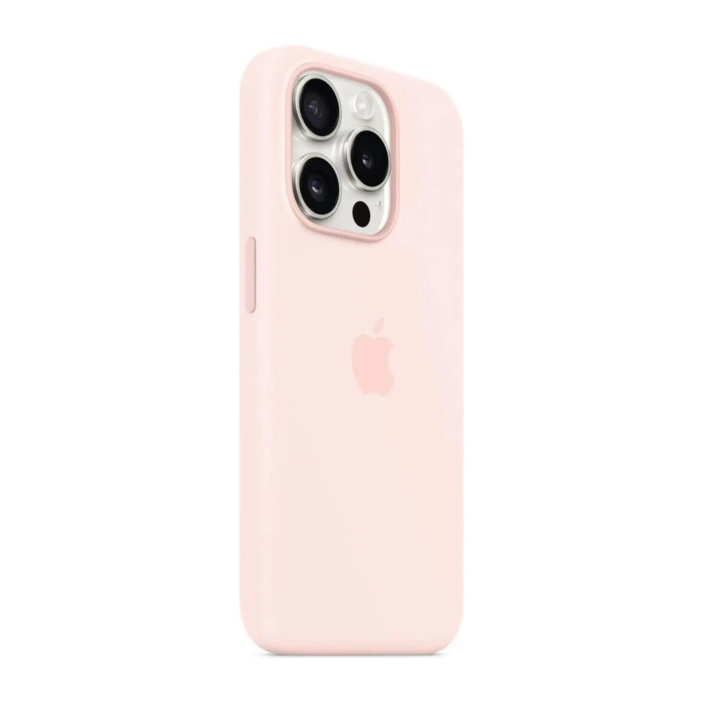 Das Bild zeigt die Apple iPhone Handyhülle MT1F3ZM/A aus Silikon. Sie ist kompatibel mit dem iPhone 15 Pro. In der Farbe Hellrosa aus der Schrägansicht.