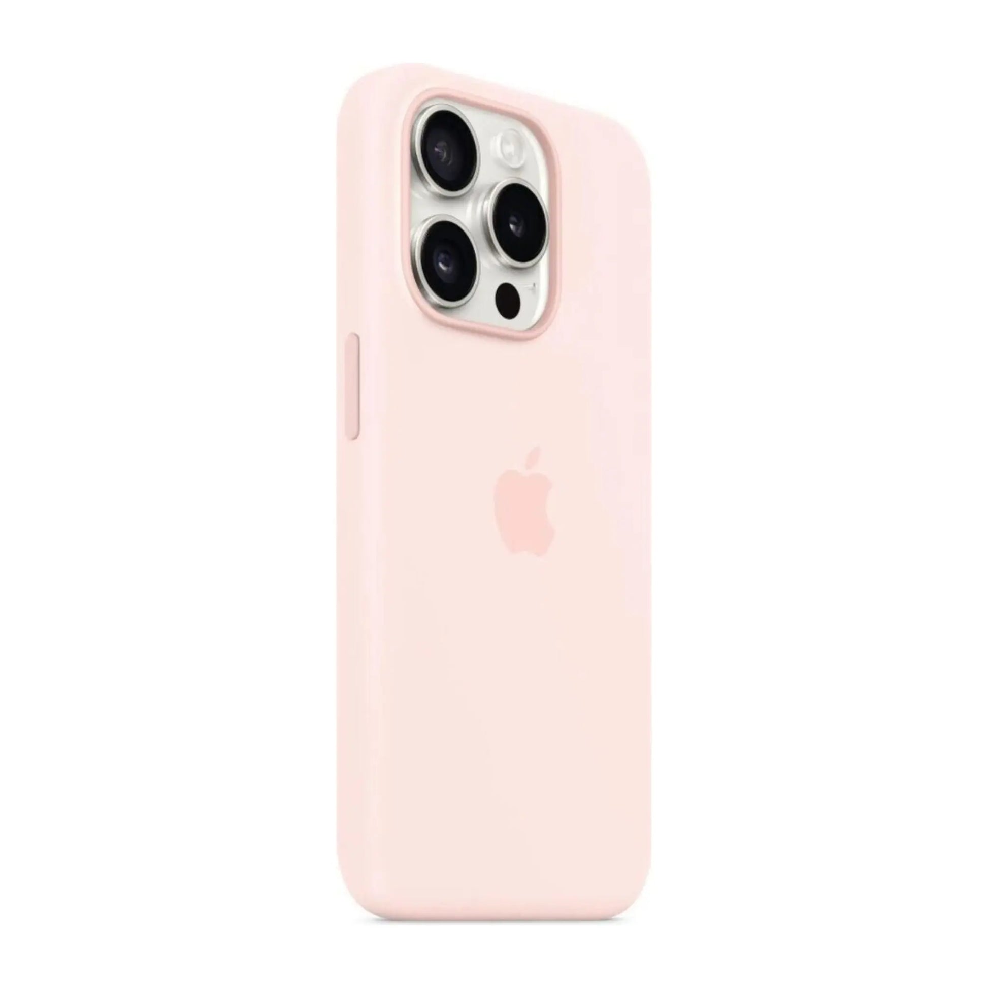 Das Bild zeigt die Apple iPhone Handyhülle MT1F3ZM/A aus Silikon. Sie ist kompatibel mit dem iPhone 15 Pro. In der Farbe Hellrosa aus der Schrägansicht.