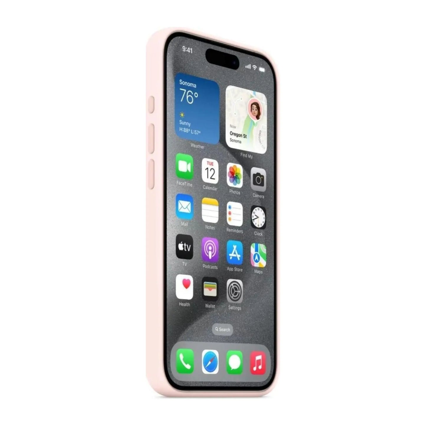 Das Bild zeigt die Apple iPhone Handyhülle MT1F3ZM/A aus Silikon. Sie ist kompatibel mit dem iPhone 15 Pro. In der Farbe Hellrosa aus der Seitenansicht.
