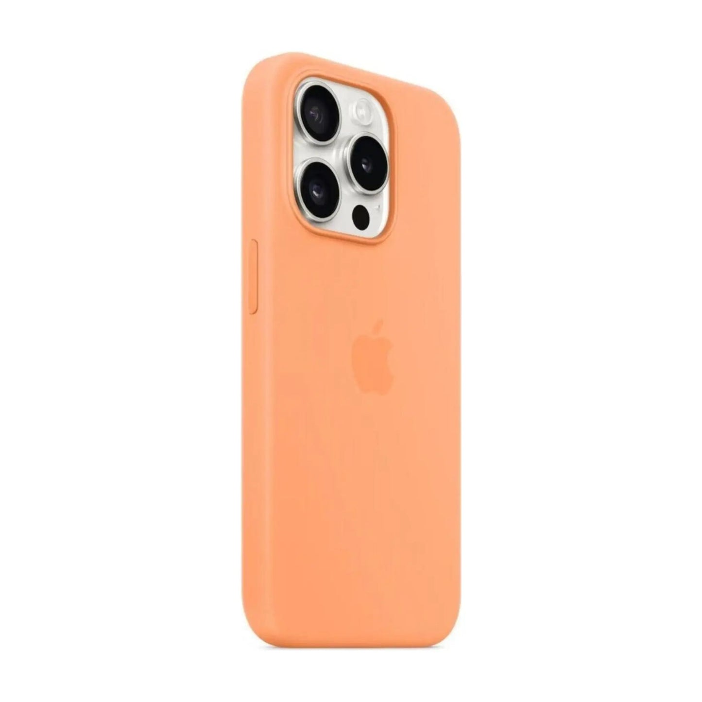 Das Bild zeigt die Apple iPhone Handyhülle MT1W3ZM/A aus Silikon. Sie ist kompatibel mit dem iPhone 15 Pro Max. In der Farbe Sorbet Orange aus der Schrägansicht.