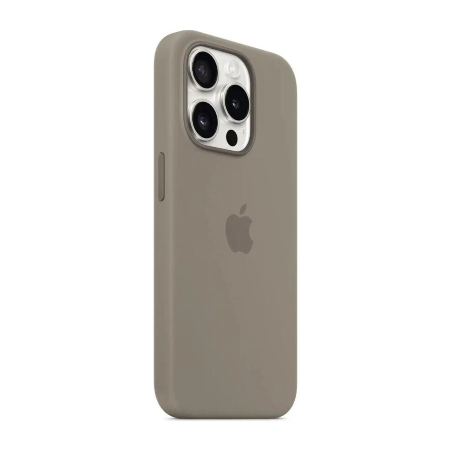 Das Bild zeigt die Apple iPhone Handyhülle MT1Q3ZM/A aus Silikon. Sie ist kompatibel mit dem iPhone 15 Pro Max. In der Farbe Tonbraun aus der Schrägansicht.