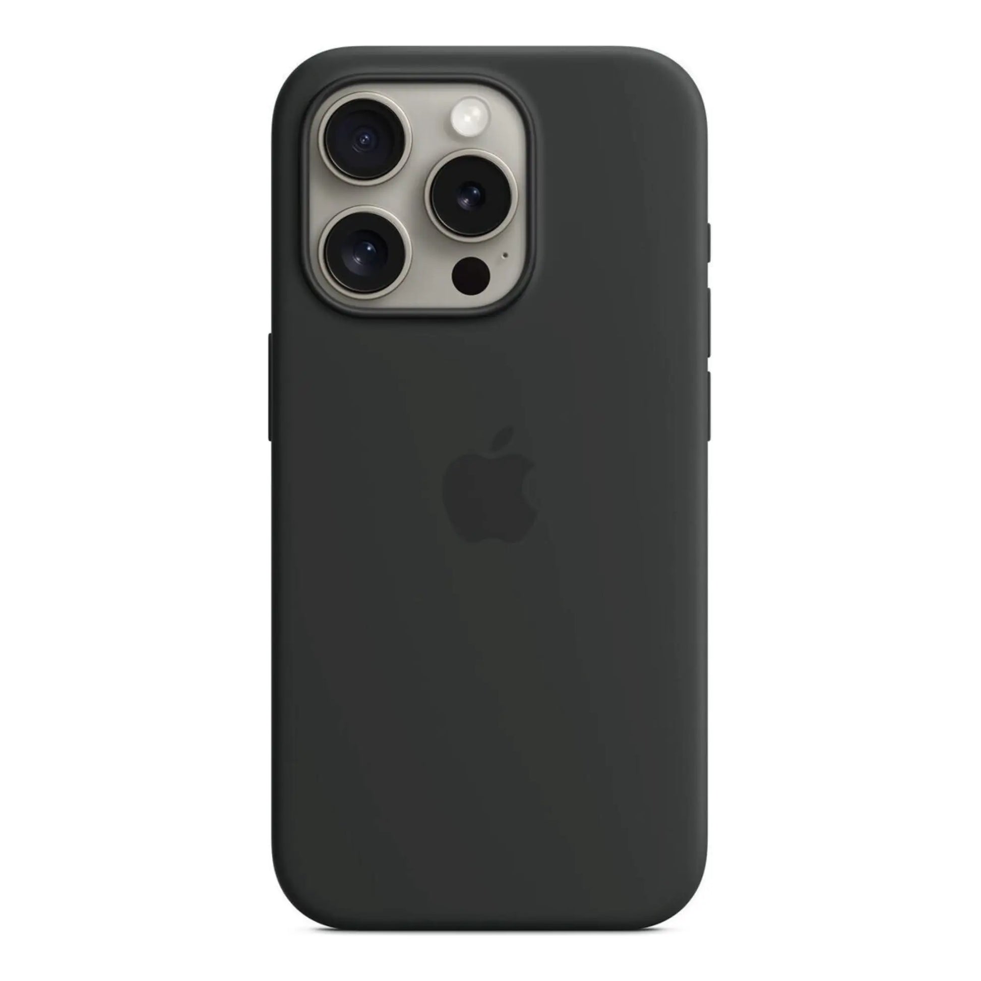 Das Bild zeigt die Apple iPhone Handyhülle MT1A3ZM/A aus Silikon. Sie ist kompatibel mit dem iPhone 15 Pro. In der Farbe Schwarz aus der Frontansicht.