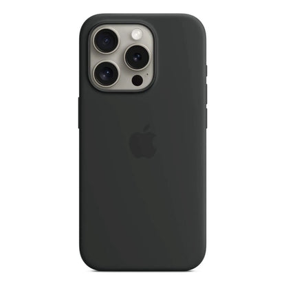 Das Bild zeigt die Apple iPhone Handyhülle MT1A3ZM/A aus Silikon. Sie ist kompatibel mit dem iPhone 15 Pro. In der Farbe Schwarz aus der Frontansicht.