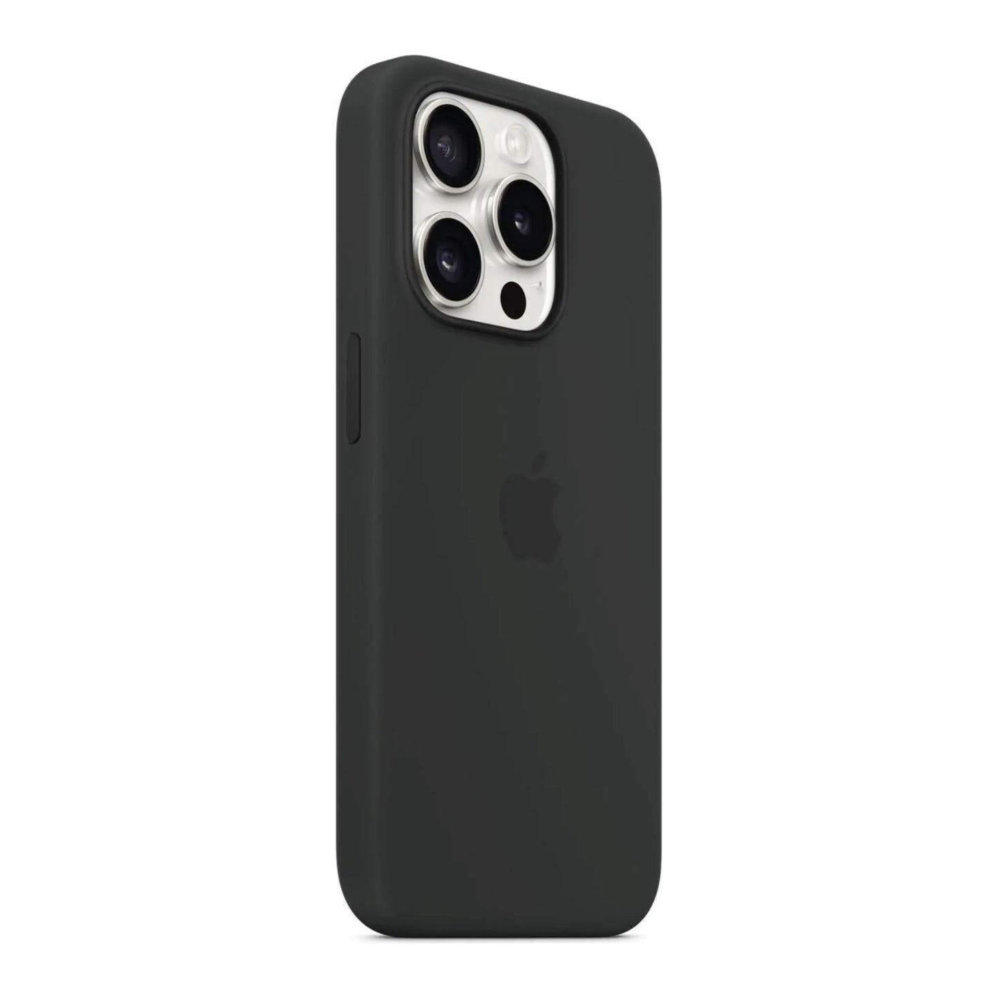 Das Bild zeigt die Apple iPhone Handyhülle MT1A3ZM/A aus Silikon. Sie ist kompatibel mit dem iPhone 15 Pro. In der Farbe Schwarz aus der Schrägansicht.
