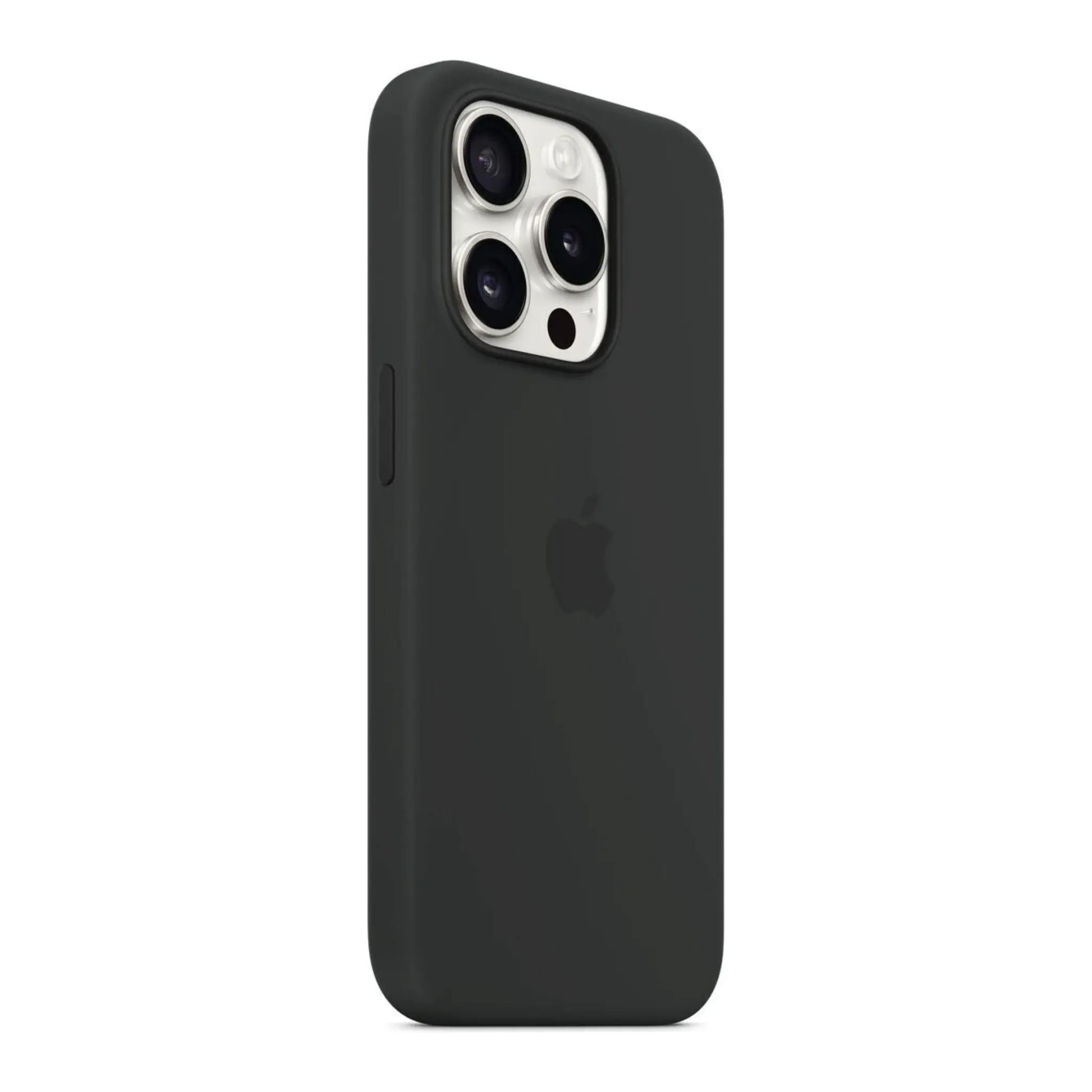 Das Bild zeigt die Apple iPhone Handyhülle MT1A3ZM/A aus Silikon. Sie ist kompatibel mit dem iPhone 15 Pro. In der Farbe Schwarz aus der Schrägansicht.