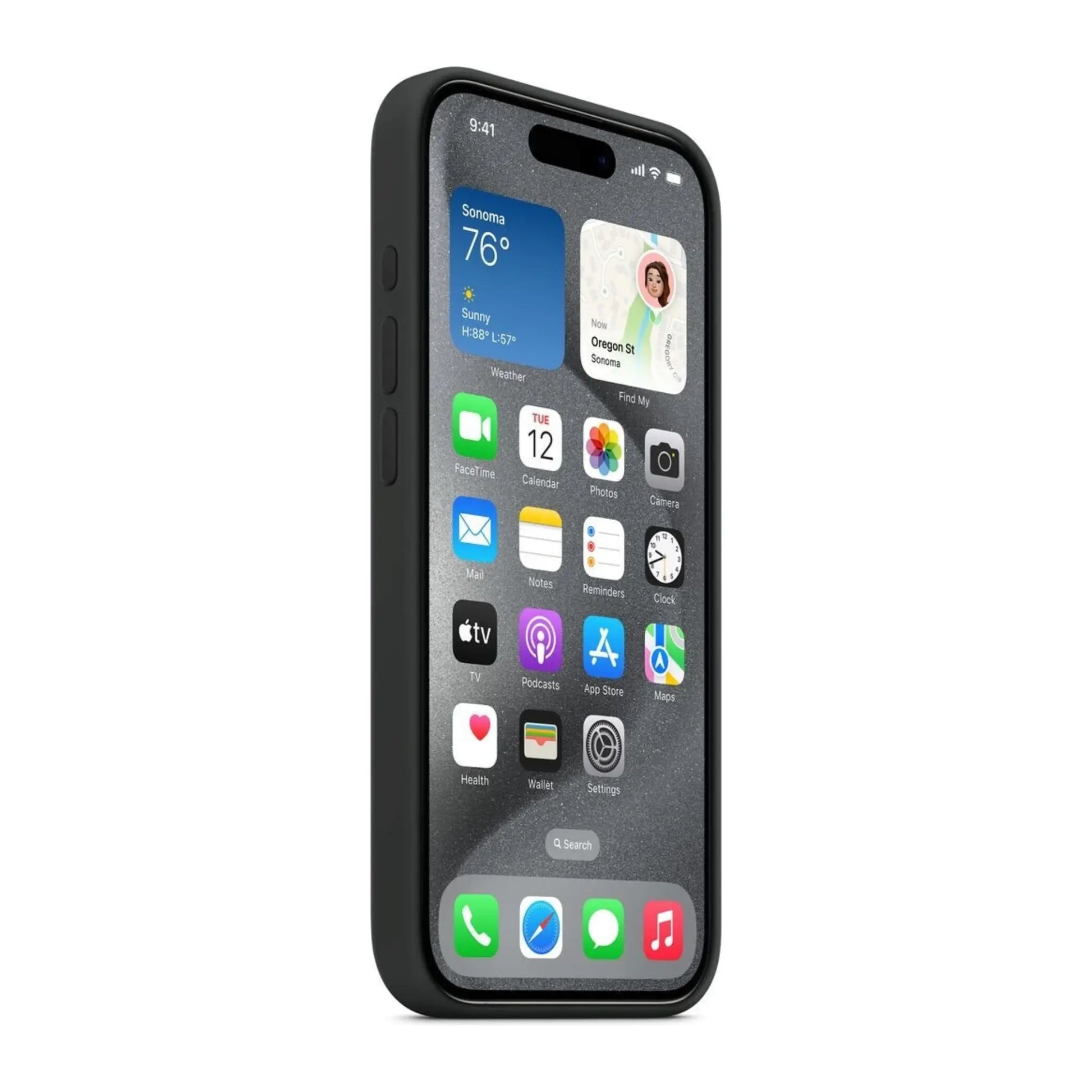 Das Bild zeigt die Apple iPhone Handyhülle MT1A3ZM/A aus Silikon. Sie ist kompatibel mit dem iPhone 15 Pro. In der Farbe Schwarz aus der Seitenansicht.