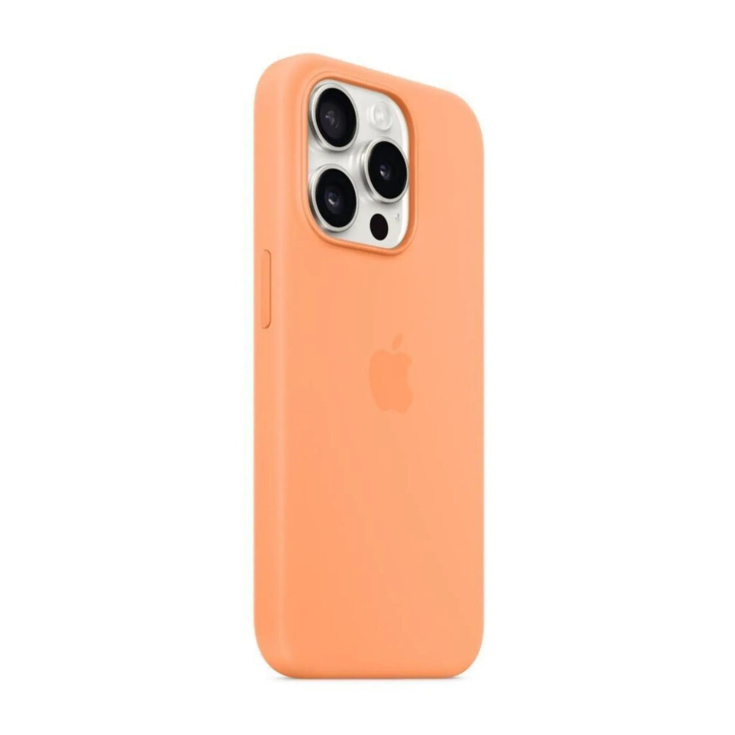 Das Bild zeigt die Apple iPhone Handyhülle MT1H3ZM/A aus Silikon. Sie ist kompatibel mit dem iPhone 15 Pro. In der Farbe Sorbet Orange aus der Schrägansicht.