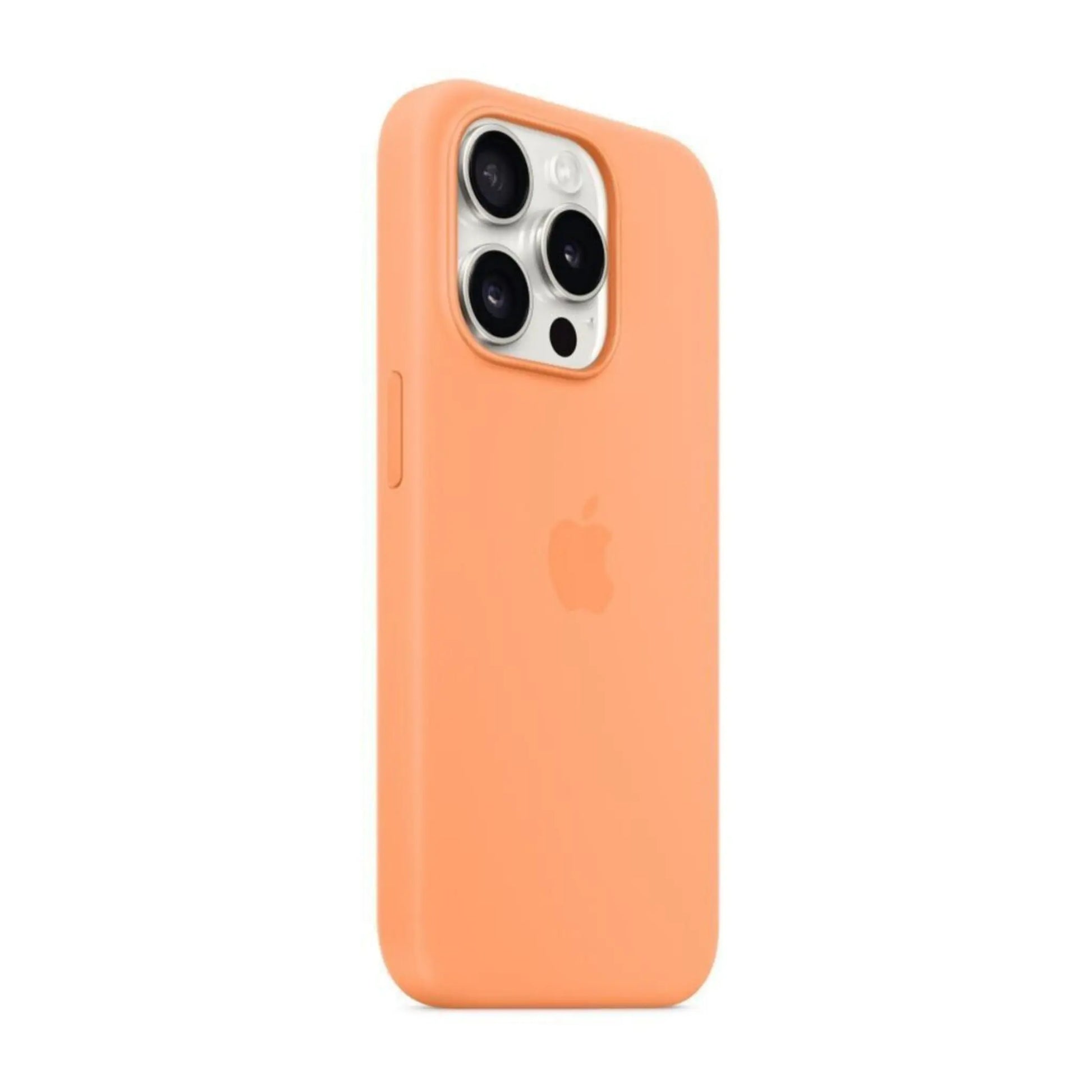 Das Bild zeigt die Apple iPhone Handyhülle MT1H3ZM/A aus Silikon. Sie ist kompatibel mit dem iPhone 15 Pro. In der Farbe Sorbet Orange aus der Schrägansicht.