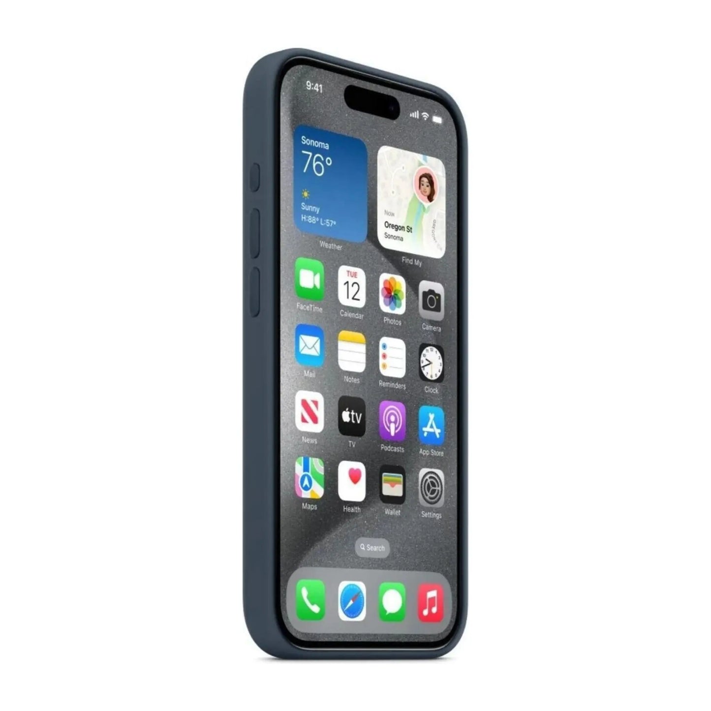 Das Bild zeigt die Apple iPhone Handyhülle MT1D3ZM/A aus Silikon. Sie ist kompatibel mit dem iPhone 15 Pro. In der Farbe Sturmblau aus der Seitenansicht.