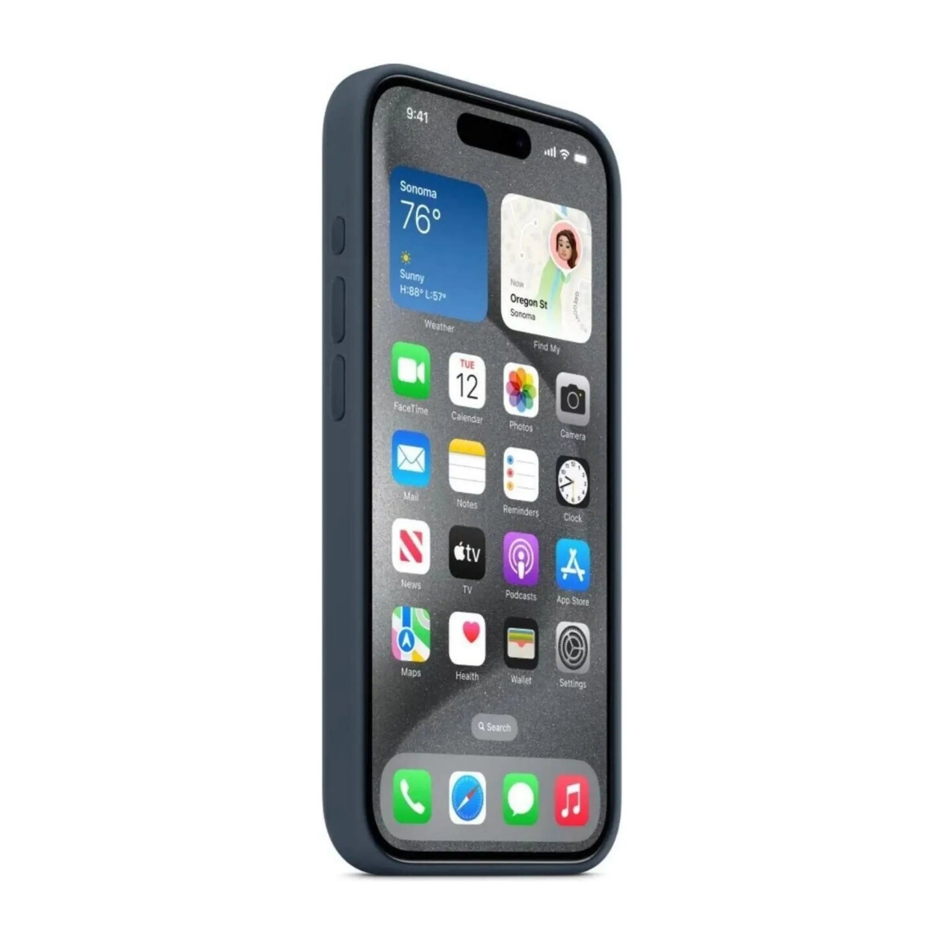 Das Bild zeigt die Apple iPhone Handyhülle MT1D3ZM/A aus Silikon. Sie ist kompatibel mit dem iPhone 15 Pro. In der Farbe Sturmblau aus der Seitenansicht.