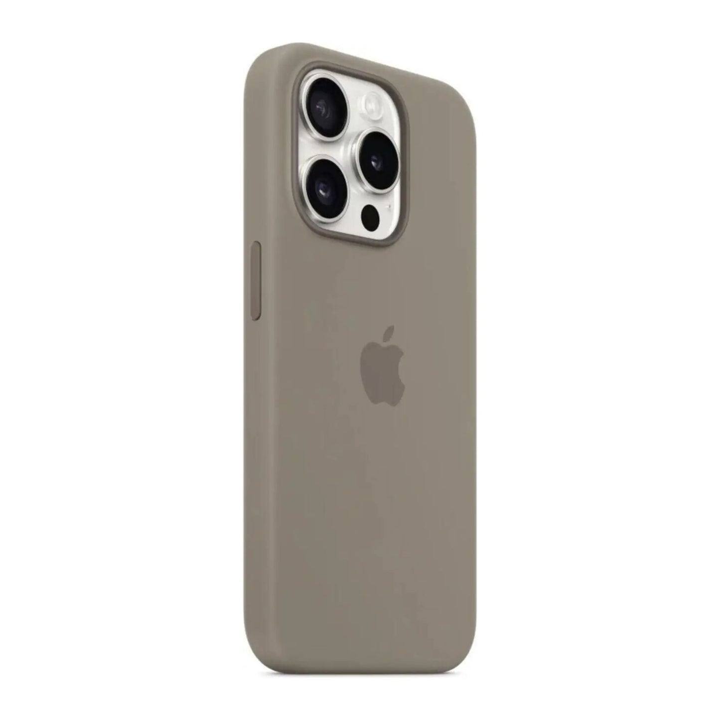 Das Bild zeigt die Apple iPhone Handyhülle MT1E3ZM/A aus Silikon. Sie ist kompatibel mit dem iPhone 15 Pro. In der Farbe Tonbraun aus der Schrägansicht.