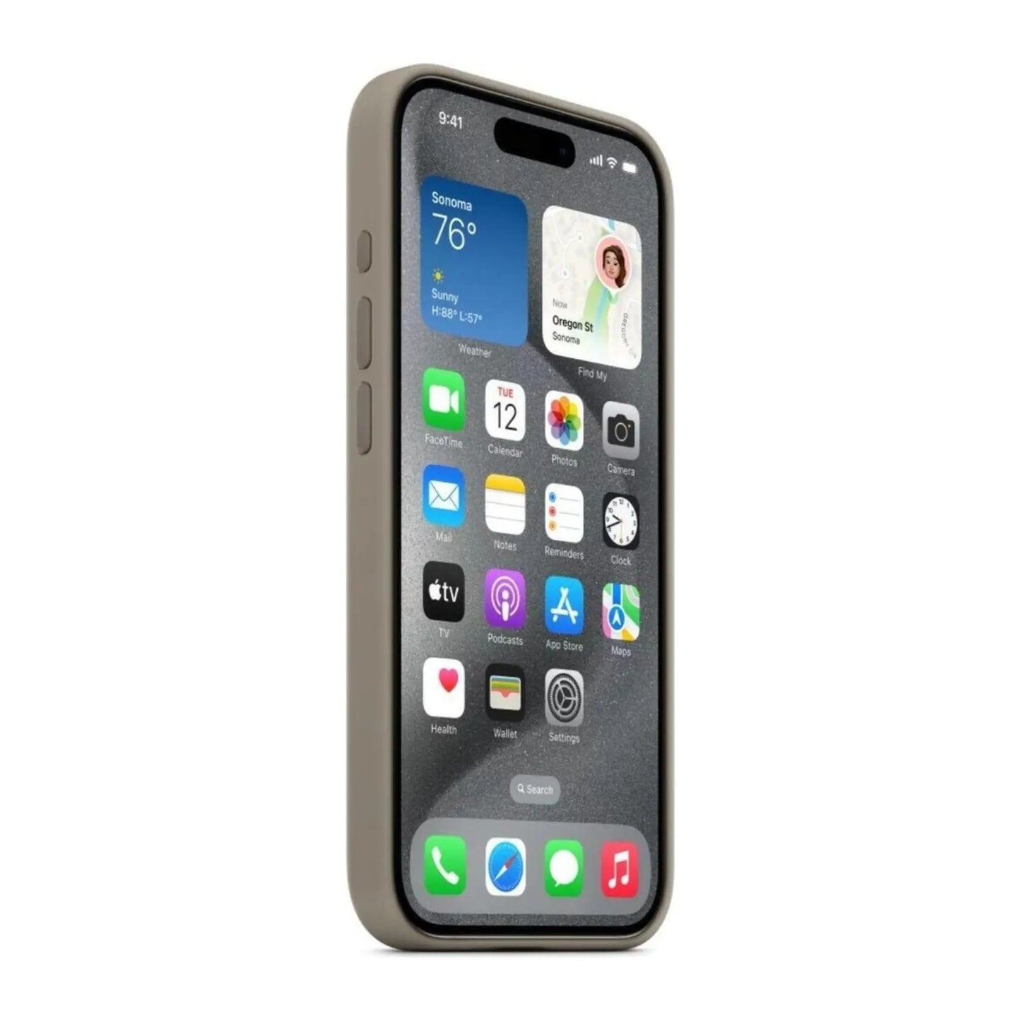 Das Bild zeigt die Apple iPhone Handyhülle MT1E3ZM/A aus Silikon. Sie ist kompatibel mit dem iPhone 15 Pro. In der Farbe Tonbraun aus der Seitenansicht.