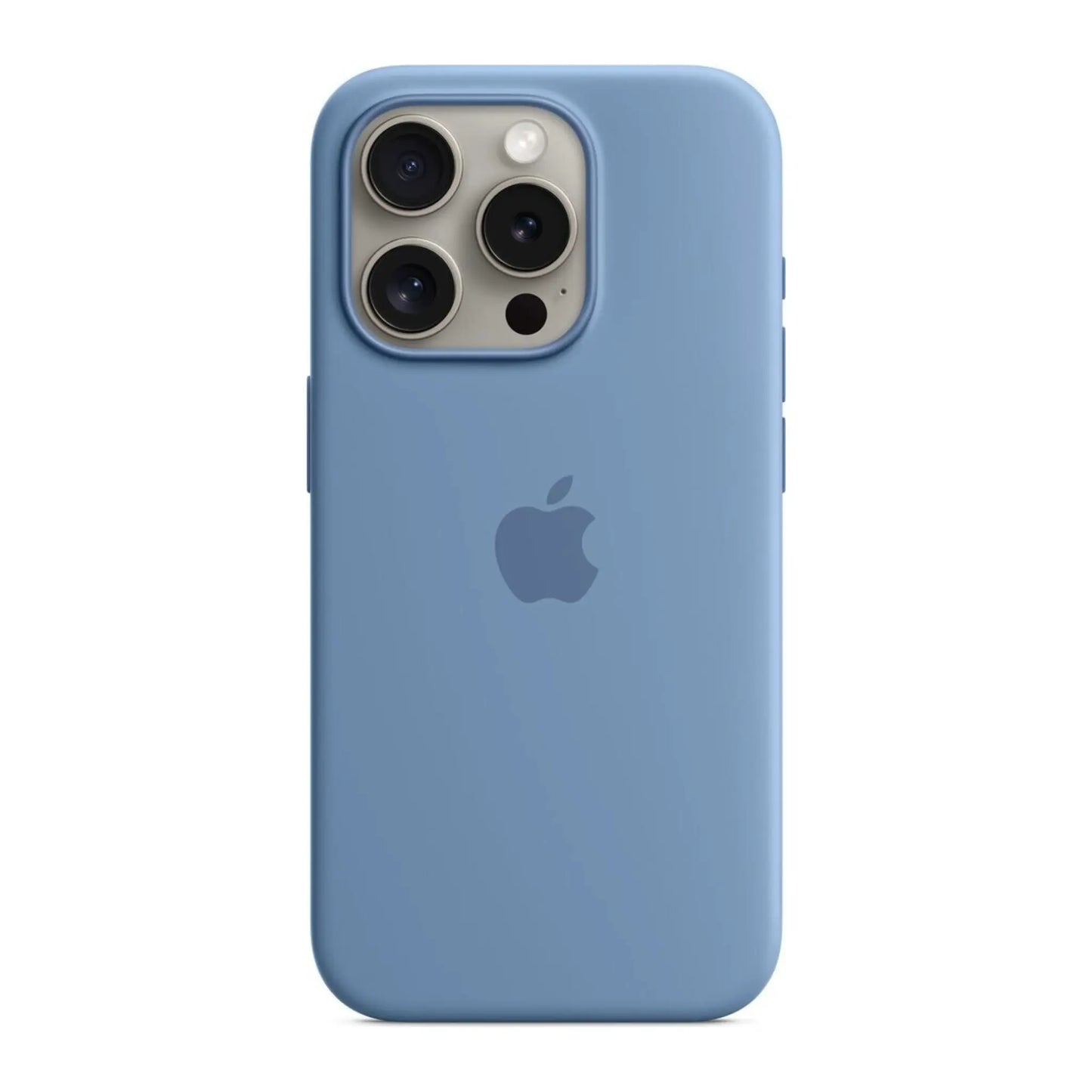 Das Bild zeigt die Apple iPhone Handyhülle MT1Y3ZM/A aus Silikon. Sie ist kompatibel mit dem iPhone 15 Pro. In der Farbe Winterblau aus der Frontansicht.