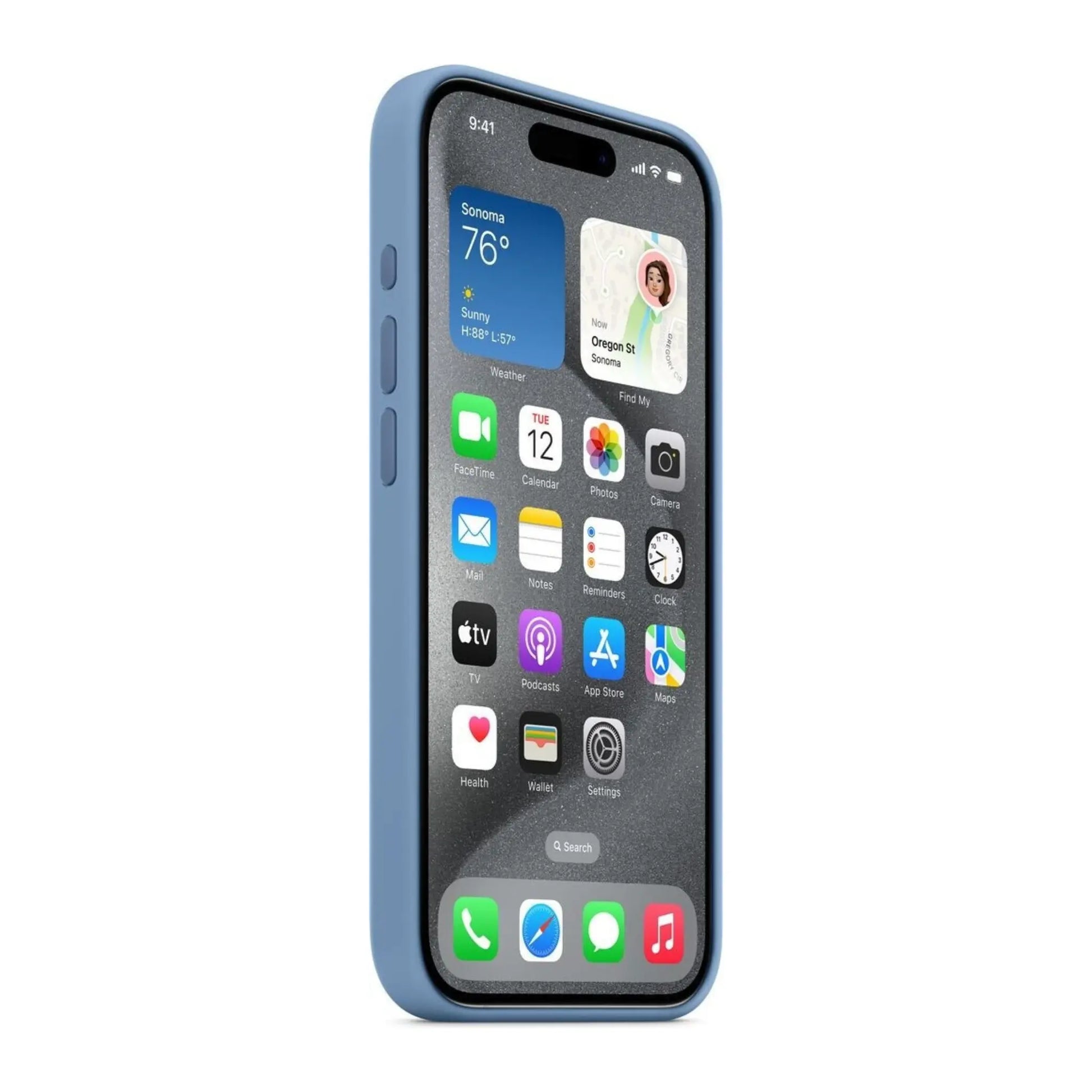 Das Bild zeigt die Apple iPhone Handyhülle MT1Y3ZM/A aus Silikon. Sie ist kompatibel mit dem iPhone 15 Pro. In der Farbe Winterblau aus der Seitenansicht.