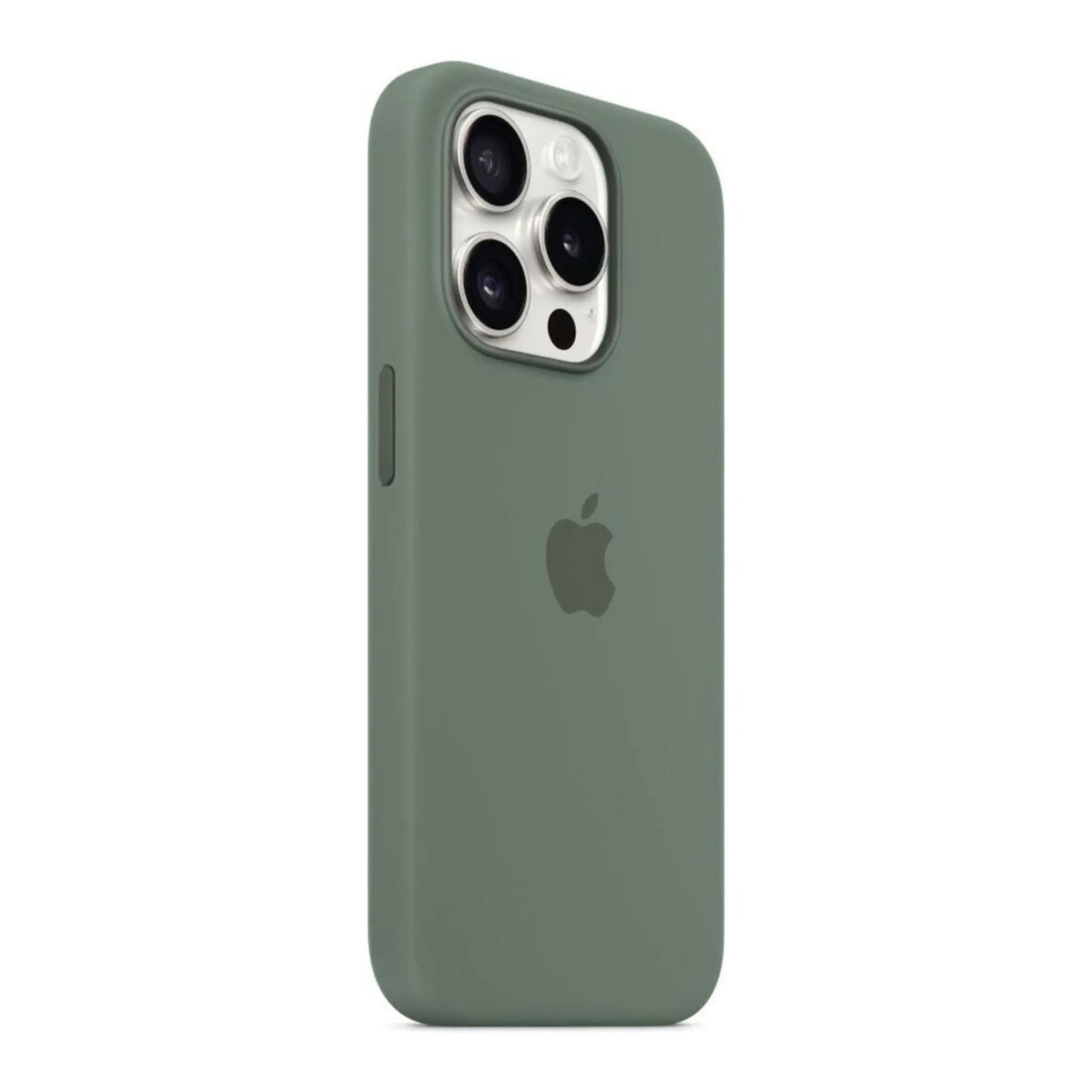 Das Bild zeigt die Apple iPhone Handyhülle MT1G3ZM/A aus Silikon. Sie ist kompatibel mit dem iPhone 15 Pro. In der Farbe Zypresse aus der Schrägansicht.