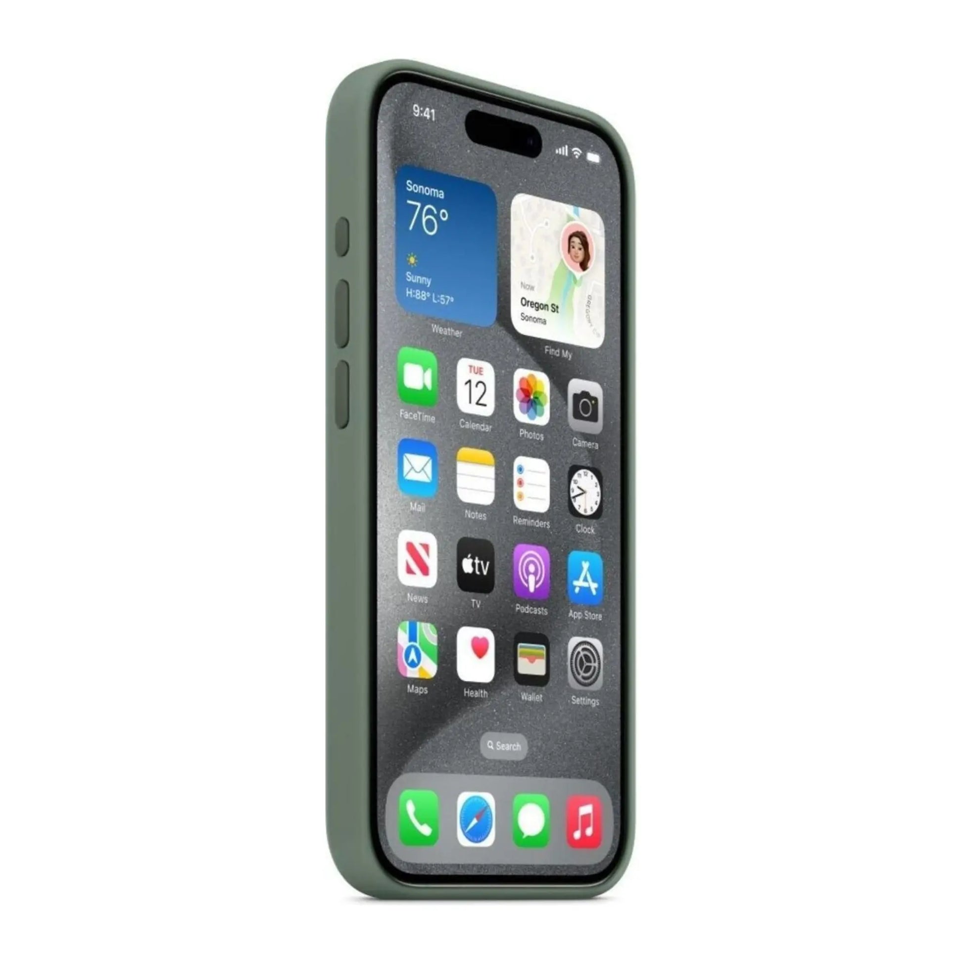 Das Bild zeigt die Apple iPhone Handyhülle MT1G3ZM/A aus Silikon. Sie ist kompatibel mit dem iPhone 15 Pro. In der Farbe Zypresse aus der Seitenansicht.