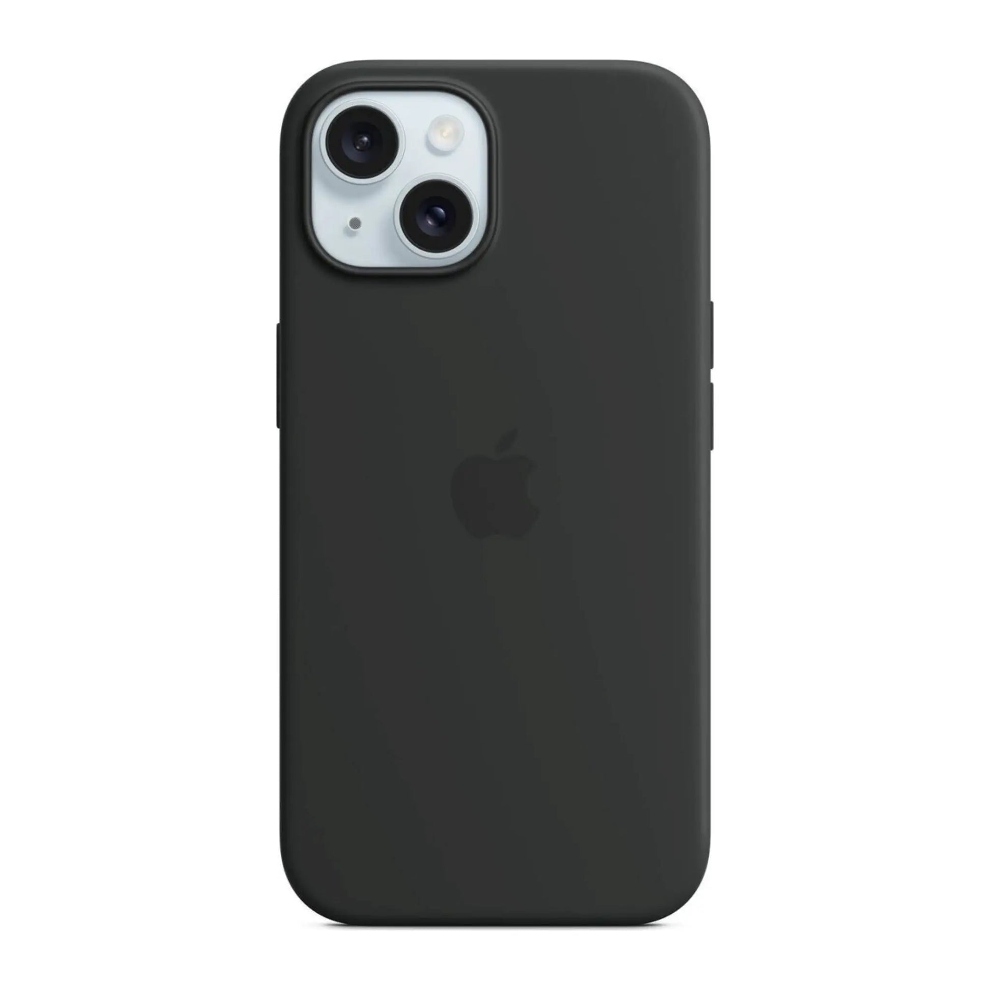 Das Bild zeigt die Apple iPhone Handyhülle MXPD3ZM/A aus Silikon. Sie ist kompatibel mit dem iPhone 15. In der Farbe Schwarz aus der Frontansicht.