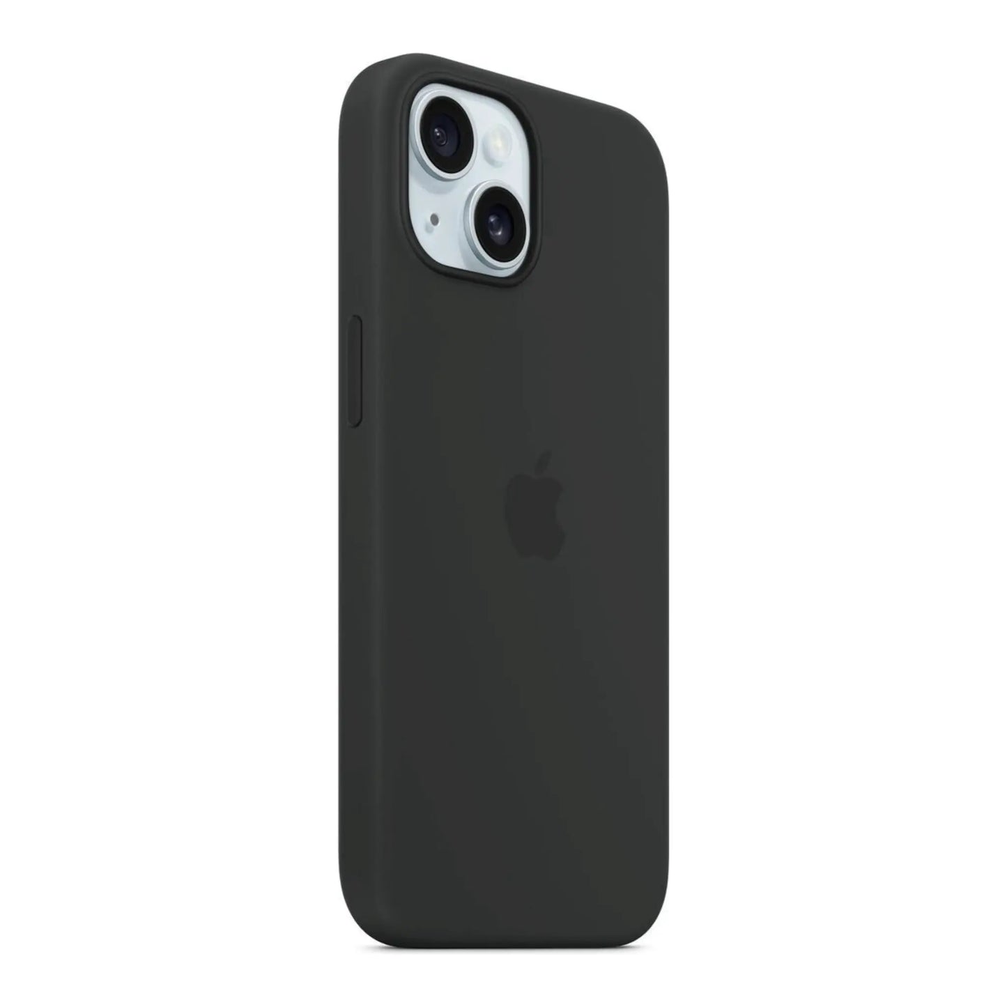 Das Bild zeigt die Apple iPhone Handyhülle MXPD3ZM/A aus Silikon. Sie ist kompatibel mit dem iPhone 15. In der Farbe Schwarz aus der Schrägansicht.