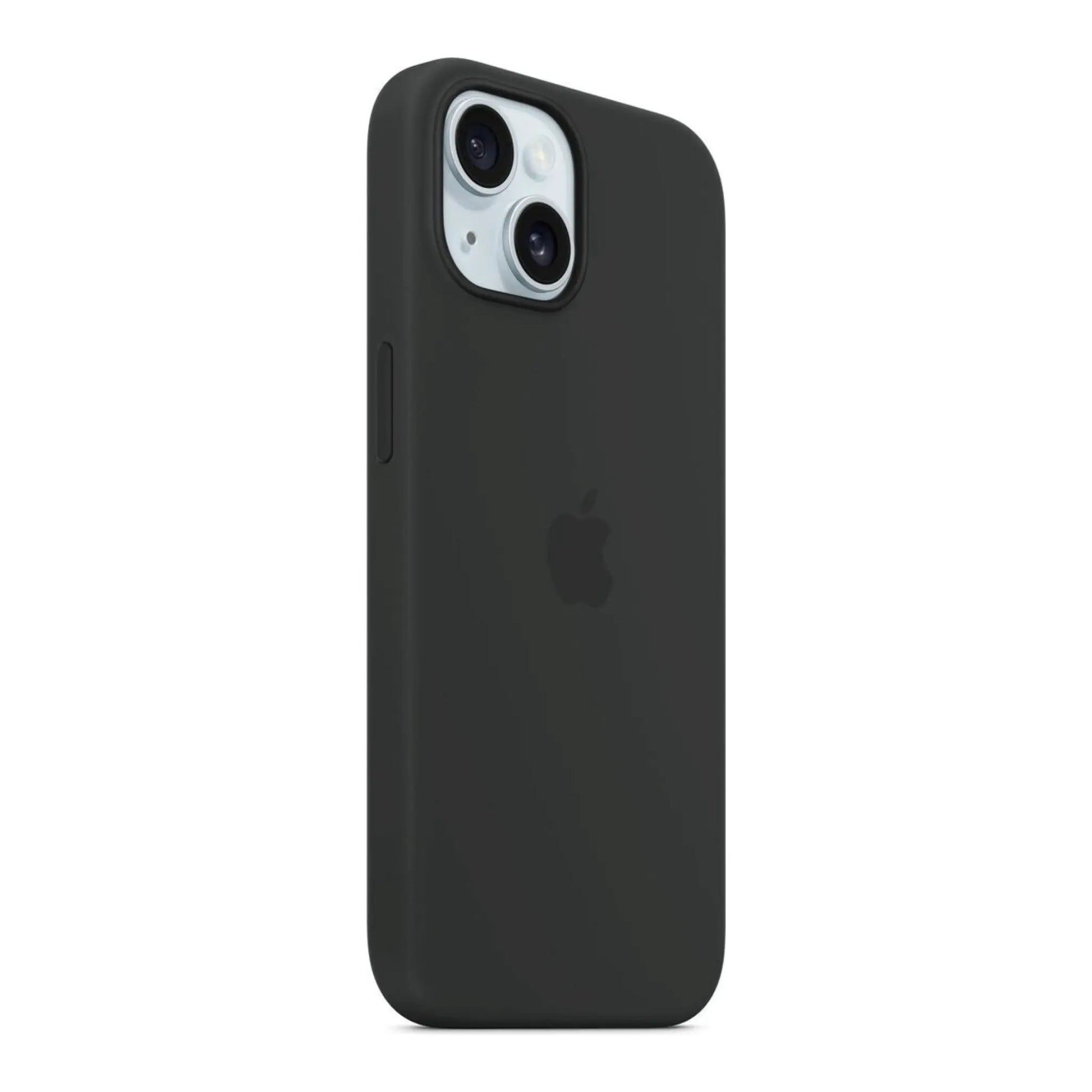 Das Bild zeigt die Apple iPhone Handyhülle MXPD3ZM/A aus Silikon. Sie ist kompatibel mit dem iPhone 15. In der Farbe Schwarz aus der Schrägansicht.