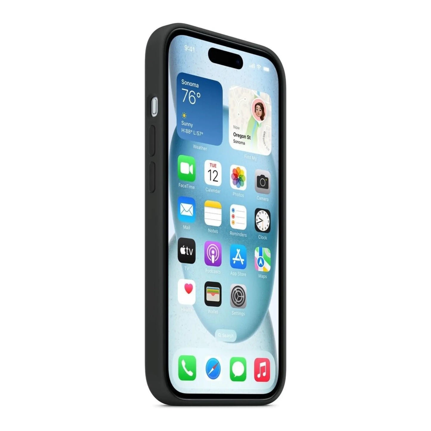 Das Bild zeigt die Apple iPhone Handyhülle MXPD3ZM/A aus Silikon. Sie ist kompatibel mit dem iPhone 15. In der Farbe Schwarz aus der Seitenansicht.