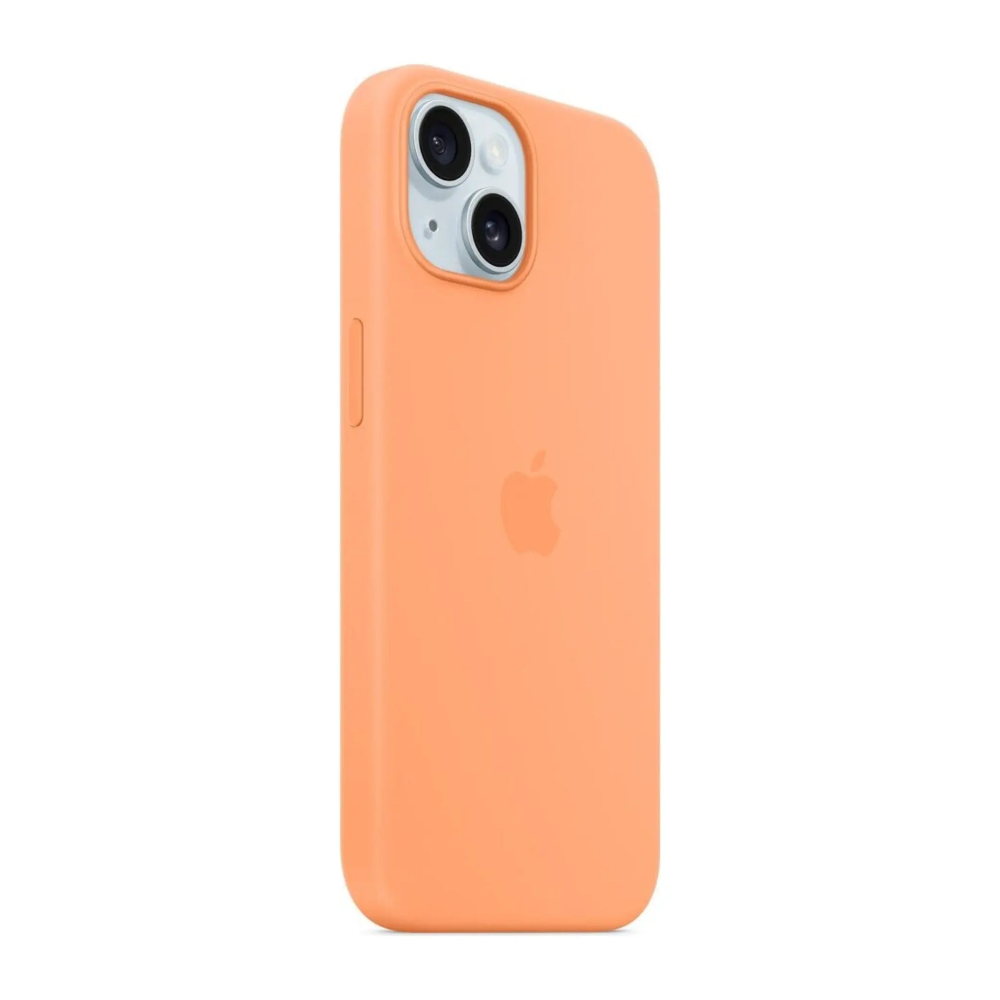 Das Bild zeigt die Apple iPhone Handyhülle MT0W3ZM/A aus Silikon. Sie ist kompatibel mit dem iPhone 15. In der Farbe Sorbet Orange aus der Schrägansicht.
