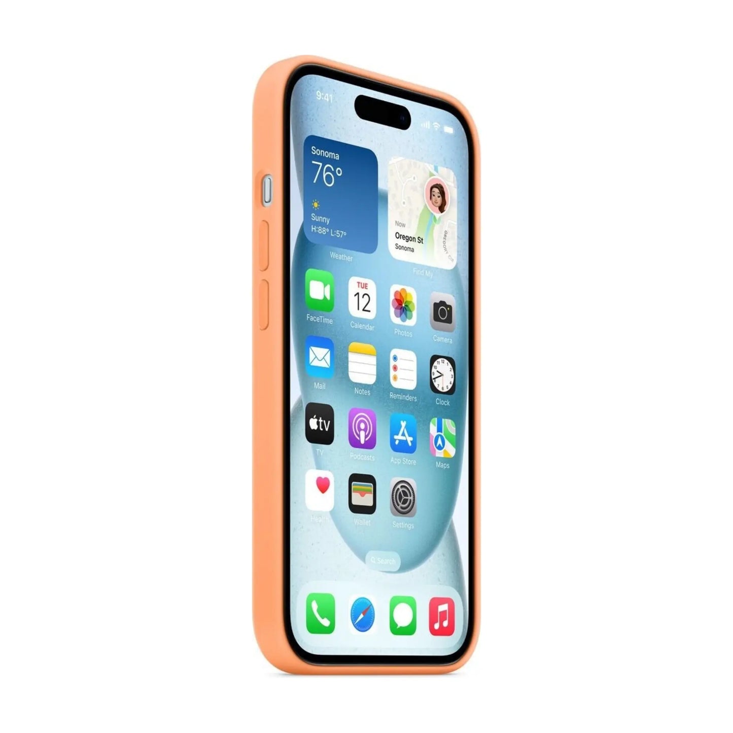 Das Bild zeigt die Apple iPhone Handyhülle MT0W3ZM/A aus Silikon. Sie ist kompatibel mit dem iPhone 15. In der Farbe Sorbet Orange aus der Seitenansicht.