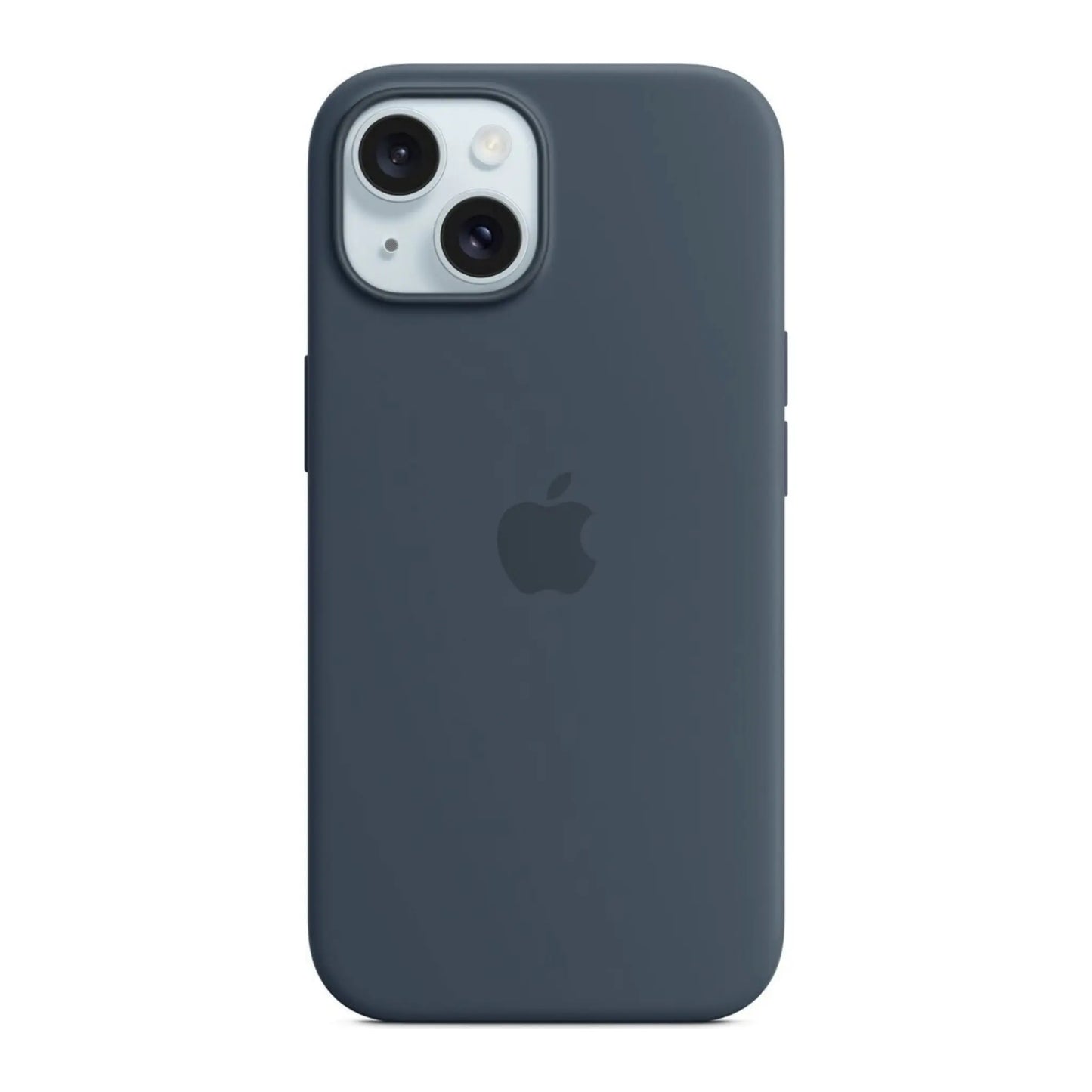 Das Bild zeigt die Apple iPhone Handyhülle MXPF3ZM/A aus Silikon. Sie ist kompatibel mit dem iPhone 15. In der Farbe Sturmblau aus der Frontansicht.