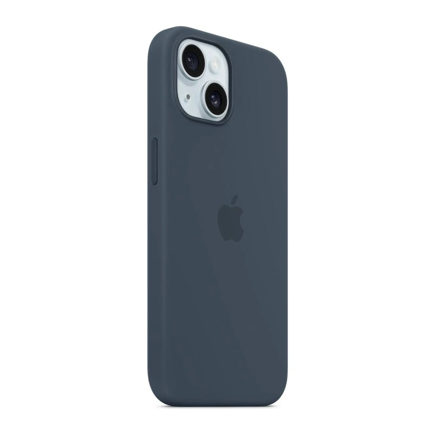 Das Bild zeigt die Apple iPhone Handyhülle MXPF3ZM/A aus Silikon. Sie ist kompatibel mit dem iPhone 15. In der Farbe Sturmblau aus der Schrägansicht.
