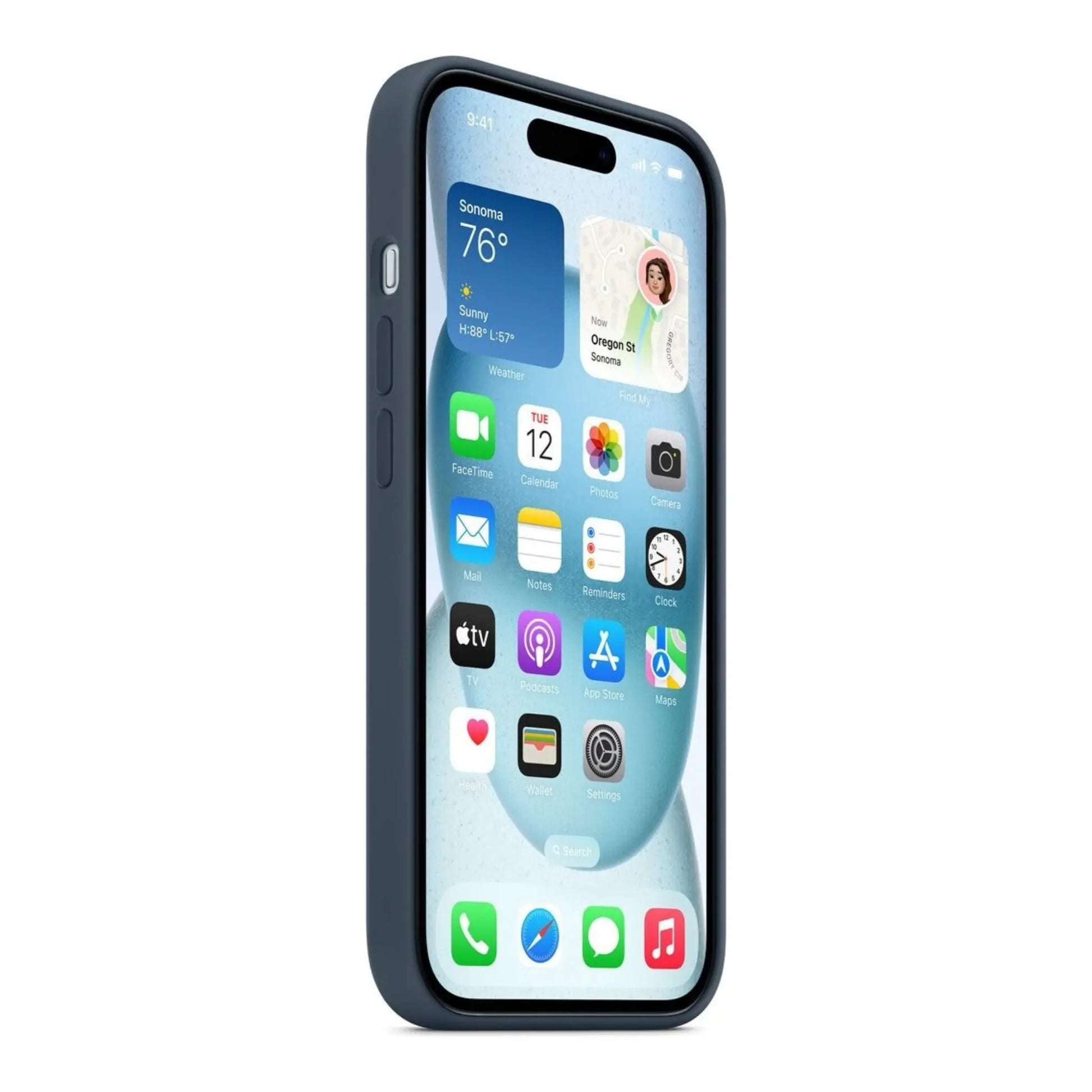 Das Bild zeigt die Apple iPhone Handyhülle MXPF3ZM/A aus Silikon. Sie ist kompatibel mit dem iPhone 15. In der Farbe Schwarz aus der Seitenansicht.
