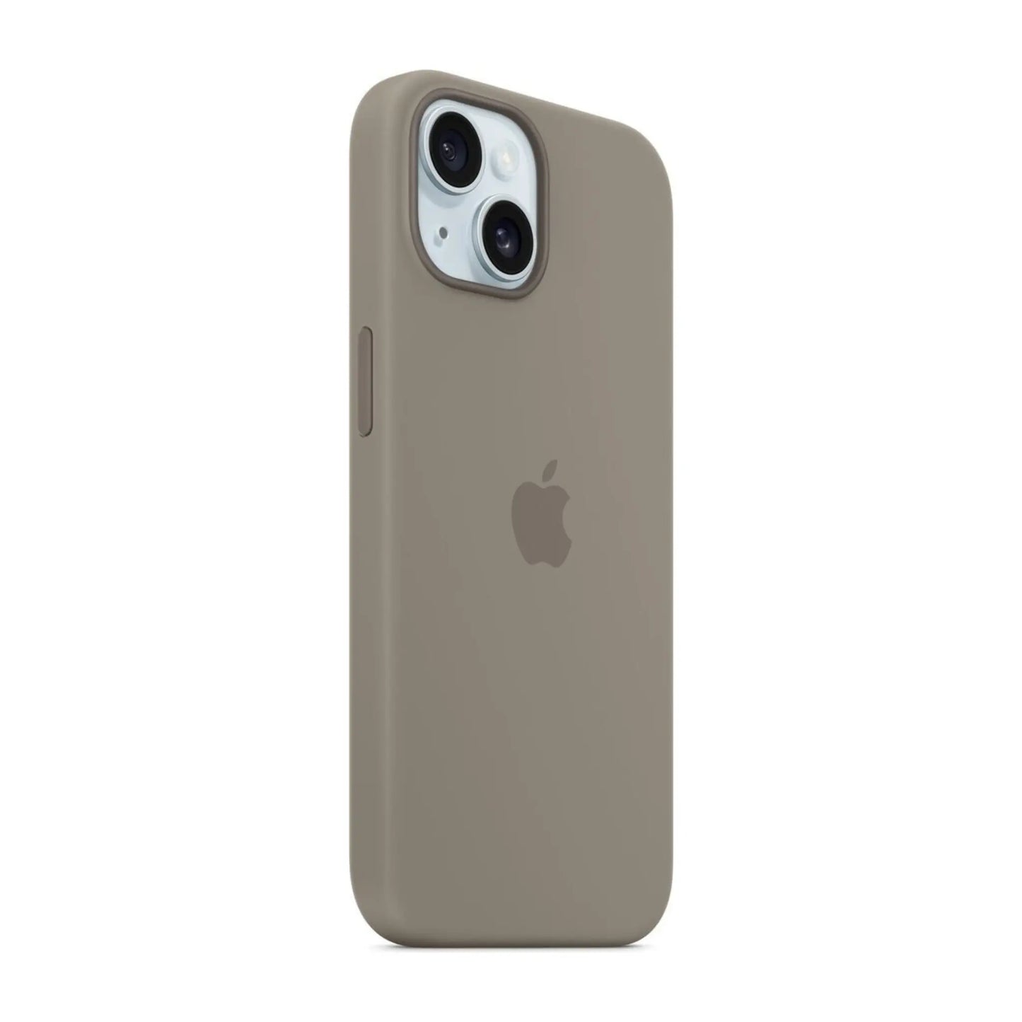 Das Bild zeigt die Apple iPhone Handyhülle MT0Q3ZM/A aus Silikon. Sie ist kompatibel mit dem iPhone 15. In der Farbe Tonbraun aus der Schrägansicht.