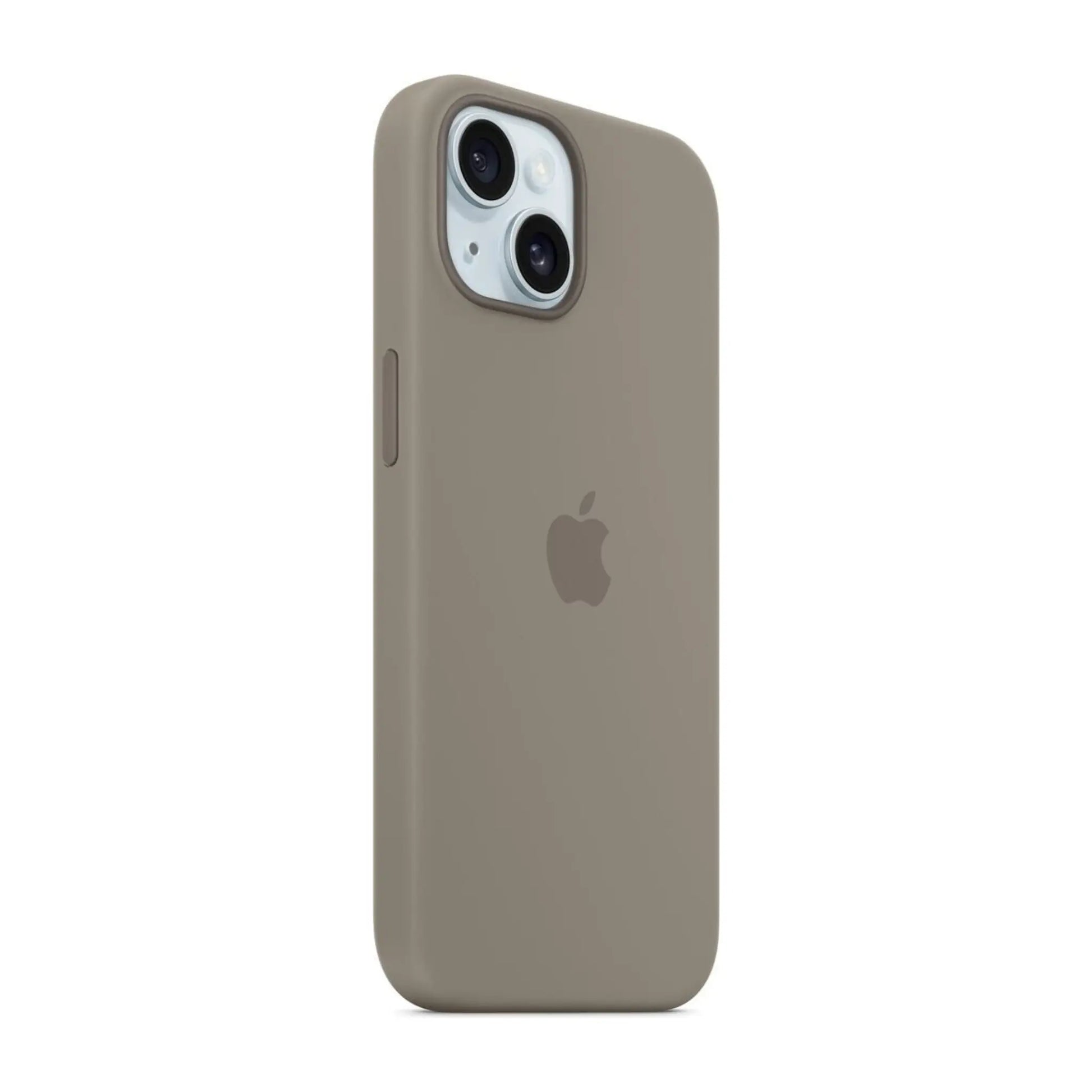Das Bild zeigt die Apple iPhone Handyhülle MT0Q3ZM/A aus Silikon. Sie ist kompatibel mit dem iPhone 15. In der Farbe Tonbraun aus der Schrägansicht.