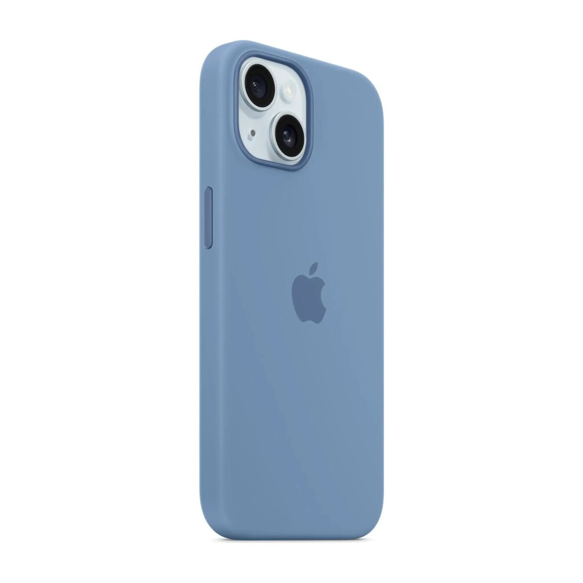 Das Bild zeigt die Apple iPhone Handyhülle MT0Y3ZM/A aus Silikon. Sie ist kompatibel mit dem iPhone 15. In der Farbe Winterblau aus der Schrägansicht.