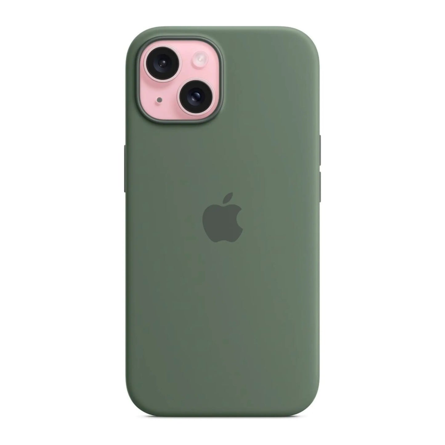 Das Bild zeigt die Apple iPhone Handyhülle MT0X3ZM/A aus Silikon. Sie ist kompatibel mit dem iPhone 15. In der Farbe Zypresse aus der Frontansicht.