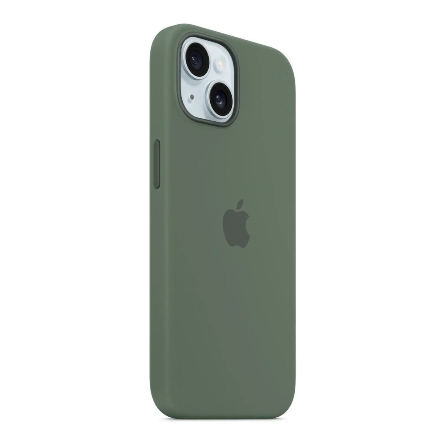 Das Bild zeigt die Apple iPhone Handyhülle MT0X3ZM/A aus Silikon. Sie ist kompatibel mit dem iPhone 15. In der Farbe Zypresse aus der Schrägansicht.