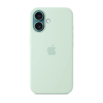 Das Bild zeigt die Apple iPhone Handyhülle MDGP4ZM/A aus Silikon. Sie ist kompatibel mit dem iPhone 16. In der Farbe Aquamarin aus der Frontansicht.