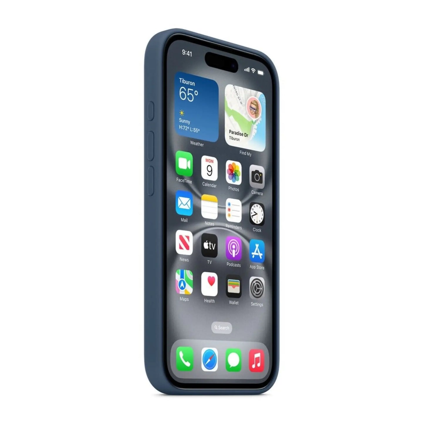 Das Bild zeigt die Apple iPhone Handyhülle MYY23ZM/A aus Silikon. Sie ist kompatibel mit dem iPhone 16. In der Farbe Denim aus der Schrägansicht.