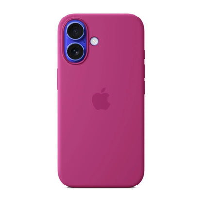 Das Bild zeigt die Apple iPhone Handyhülle MYY53ZM/A aus Silikon. Sie ist kompatibel mit dem iPhone 16. In der Farbe Fuchsia aus der Frontansicht.