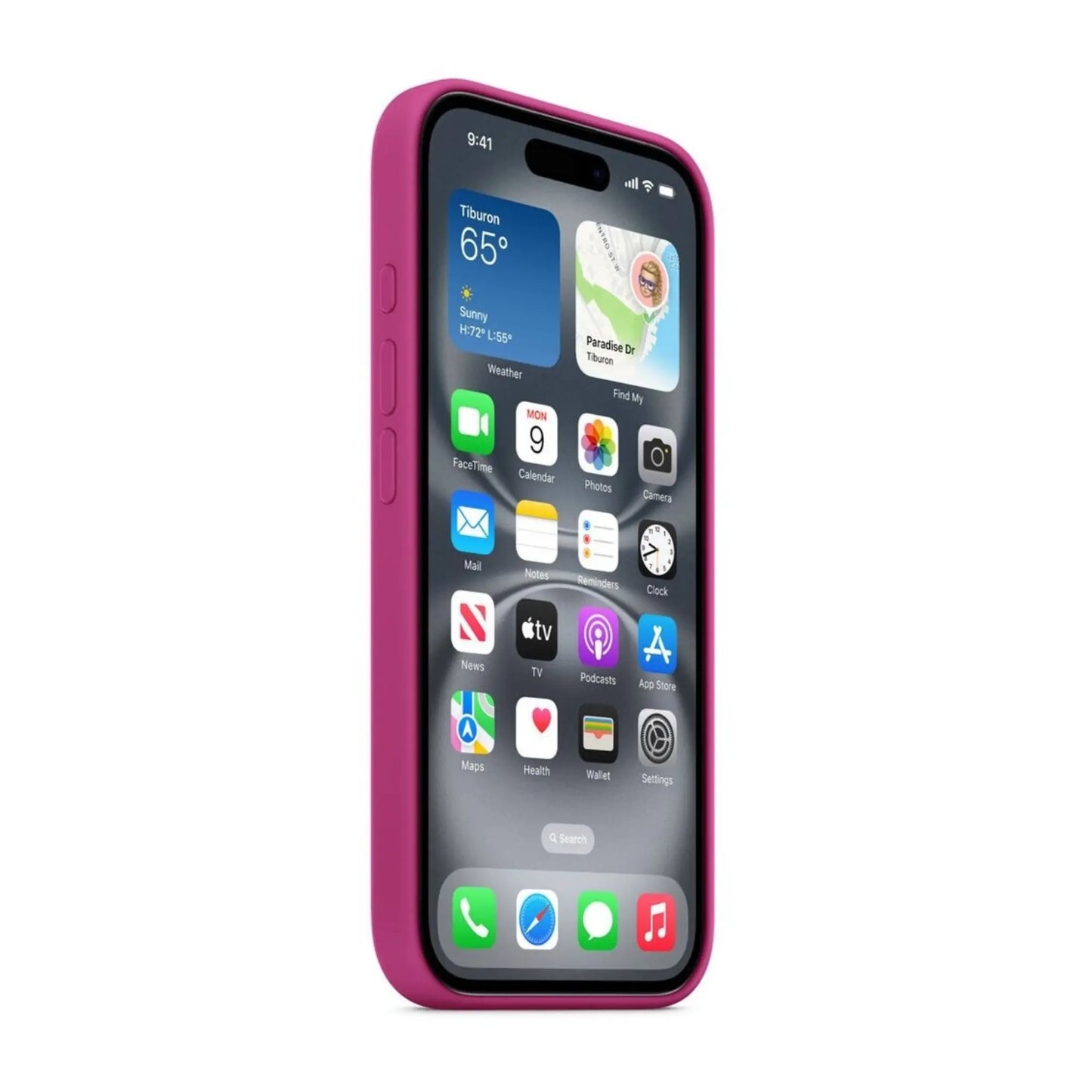 Das Bild zeigt die Apple iPhone Handyhülle MYY53ZM/A aus Silikon. Sie ist kompatibel mit dem iPhone 16. In der Farbe Fuchsia aus der Schrägansicht.