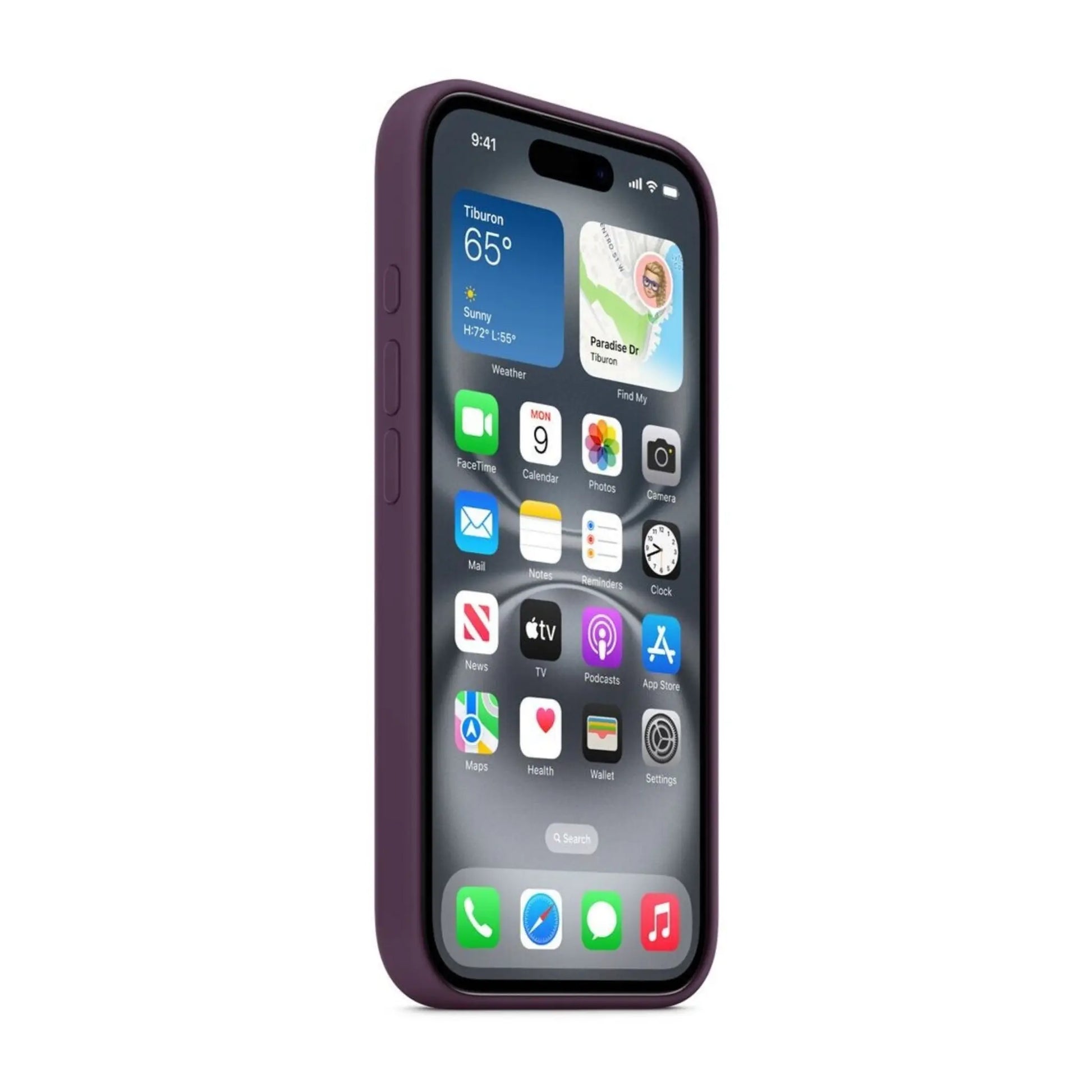 Das Bild zeigt die Apple iPhone Handyhülle MYY43ZM/A aus Silikon. Sie ist kompatibel mit dem iPhone 16. In der Farbe Pflaume aus der Schrägansicht.