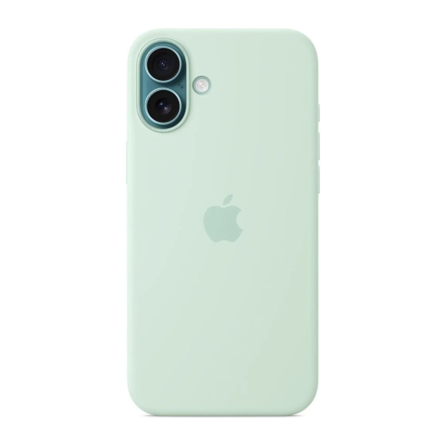 Das Bild zeigt die Apple iPhone Handyhülle MDGU4ZM/A aus Silikon. Sie ist kompatibel mit dem iPhone 16 Plus. In der Farbe Aquamarin aus der Frontansicht.
