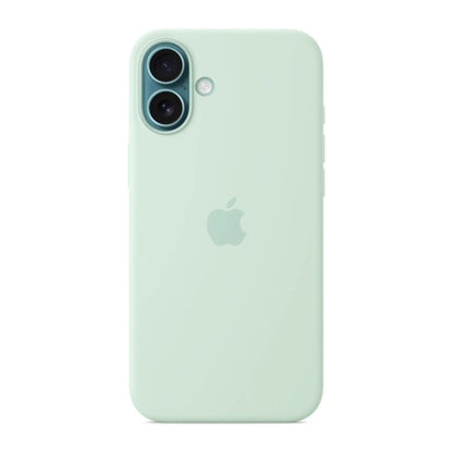 Das Bild zeigt die Apple iPhone Handyhülle MDGU4ZM/A aus Silikon. Sie ist kompatibel mit dem iPhone 16 Plus. In der Farbe Aquamarin aus der Frontansicht.
