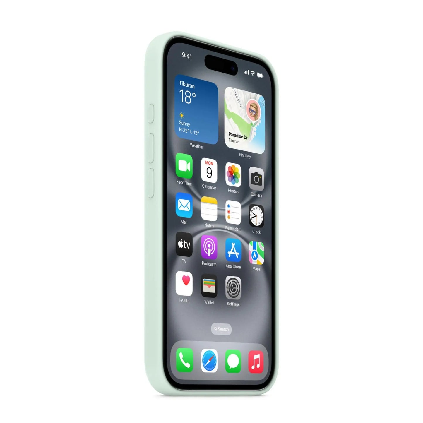Das Bild zeigt die Apple iPhone Handyhülle MDGU4ZM/A aus Silikon. Sie ist kompatibel mit dem iPhone 16 Plus. In der Farbe Aquamarin aus der Schrägansicht.