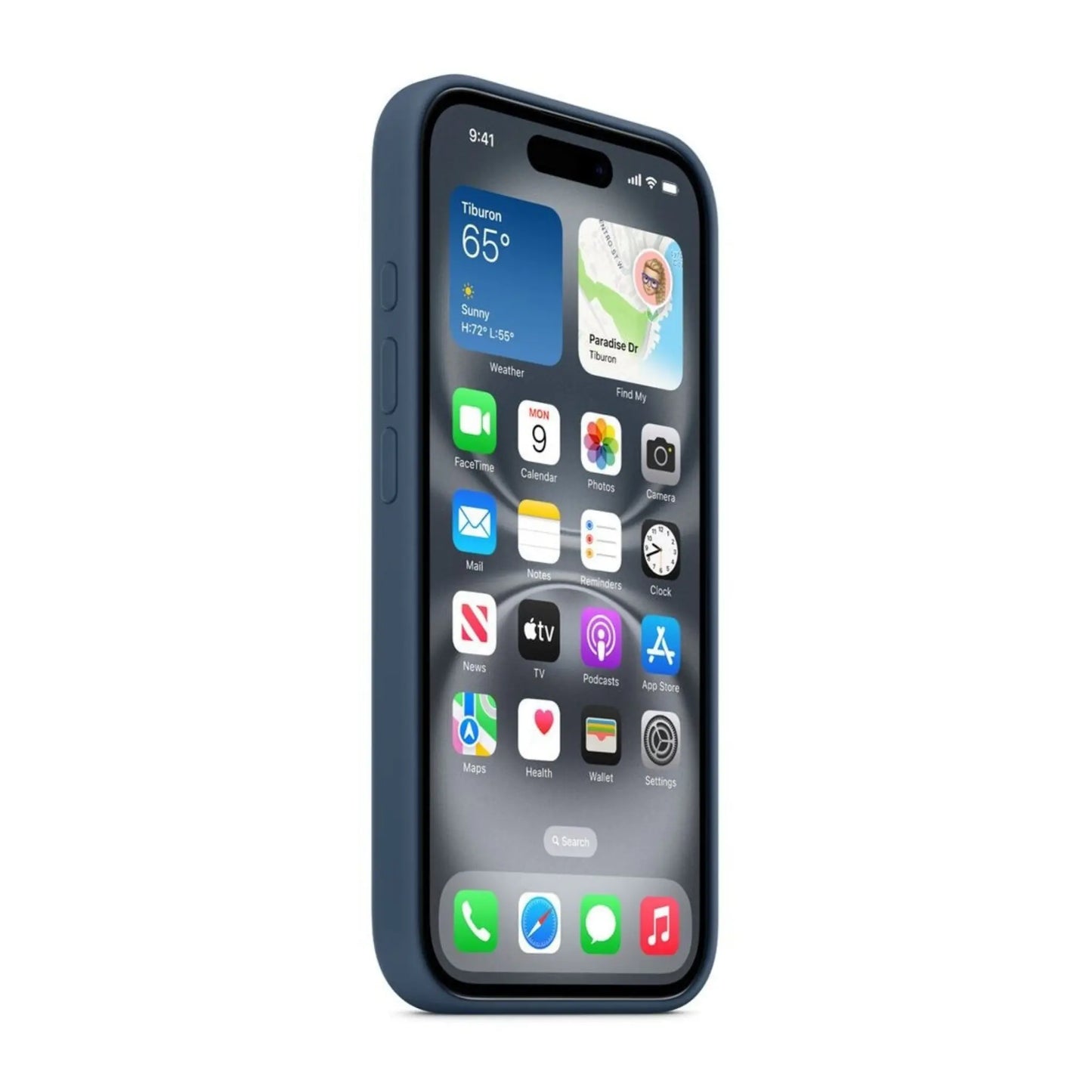 Das Bild zeigt die Apple iPhone Handyhülle MYYA3ZM/A aus Silikon. Sie ist kompatibel mit dem iPhone 16 Plus. In der Farbe Denim aus der Schrägansicht.