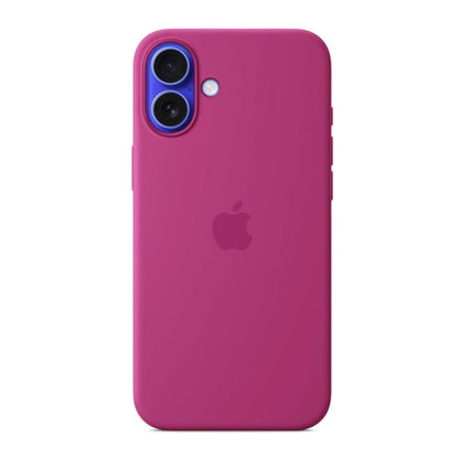 Das Bild zeigt die Apple iPhone Handyhülle MYYE3ZM/A aus Silikon. Sie ist kompatibel mit dem iPhone 16 Plus. In der Farbe Fuchsia aus der Frontansicht.