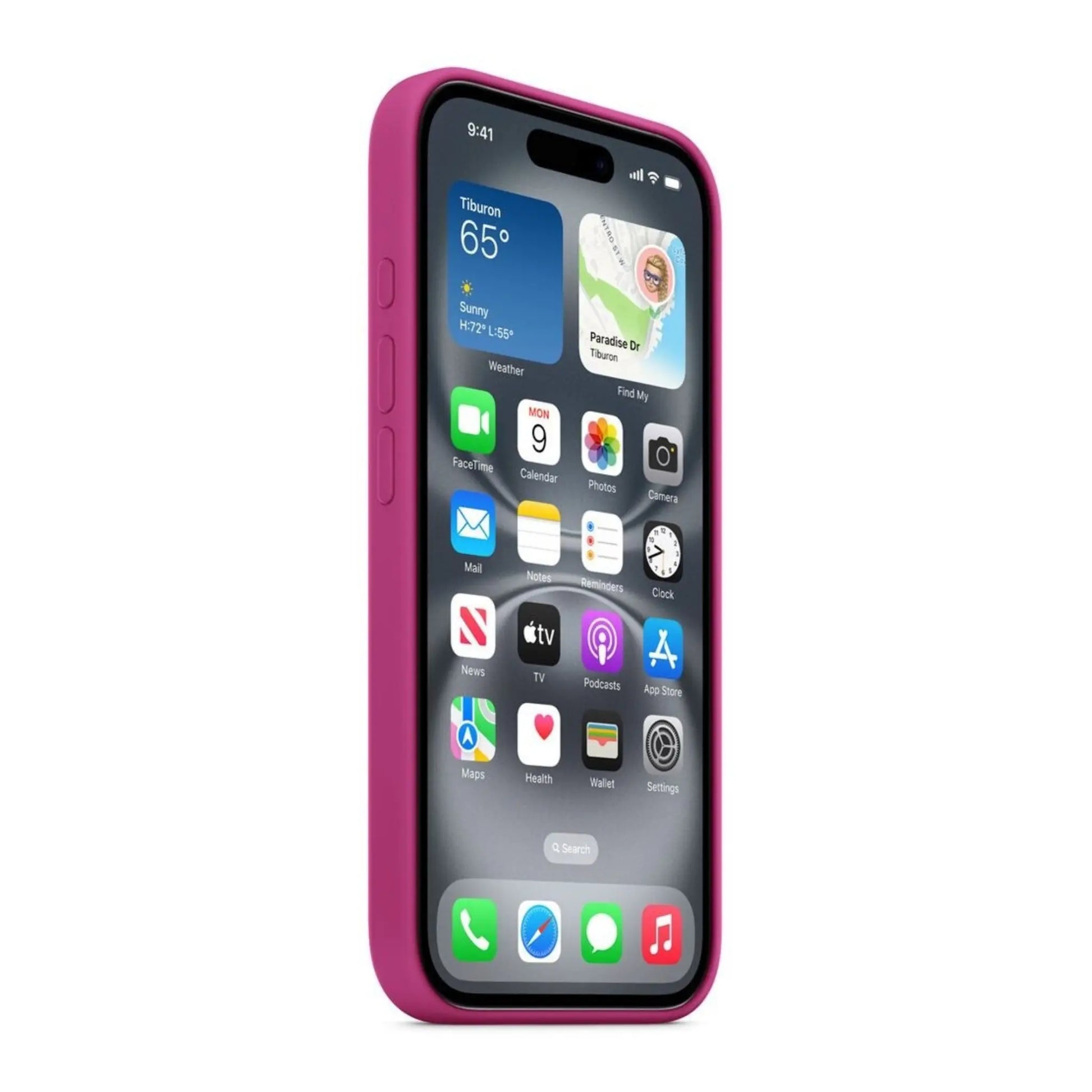 Das Bild zeigt die Apple iPhone Handyhülle MYYE3ZM/A aus Silikon. Sie ist kompatibel mit dem iPhone 16 Plus. In der Farbe Fuchsia aus der Schrägansicht.