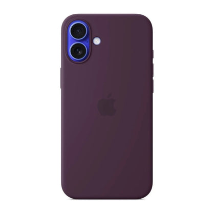 Das Bild zeigt die Apple iPhone Handyhülle MYYD3ZM/A aus Silikon. Sie ist kompatibel mit dem iPhone 16 Plus. In der Farbe Pflaume aus der Frontansicht.