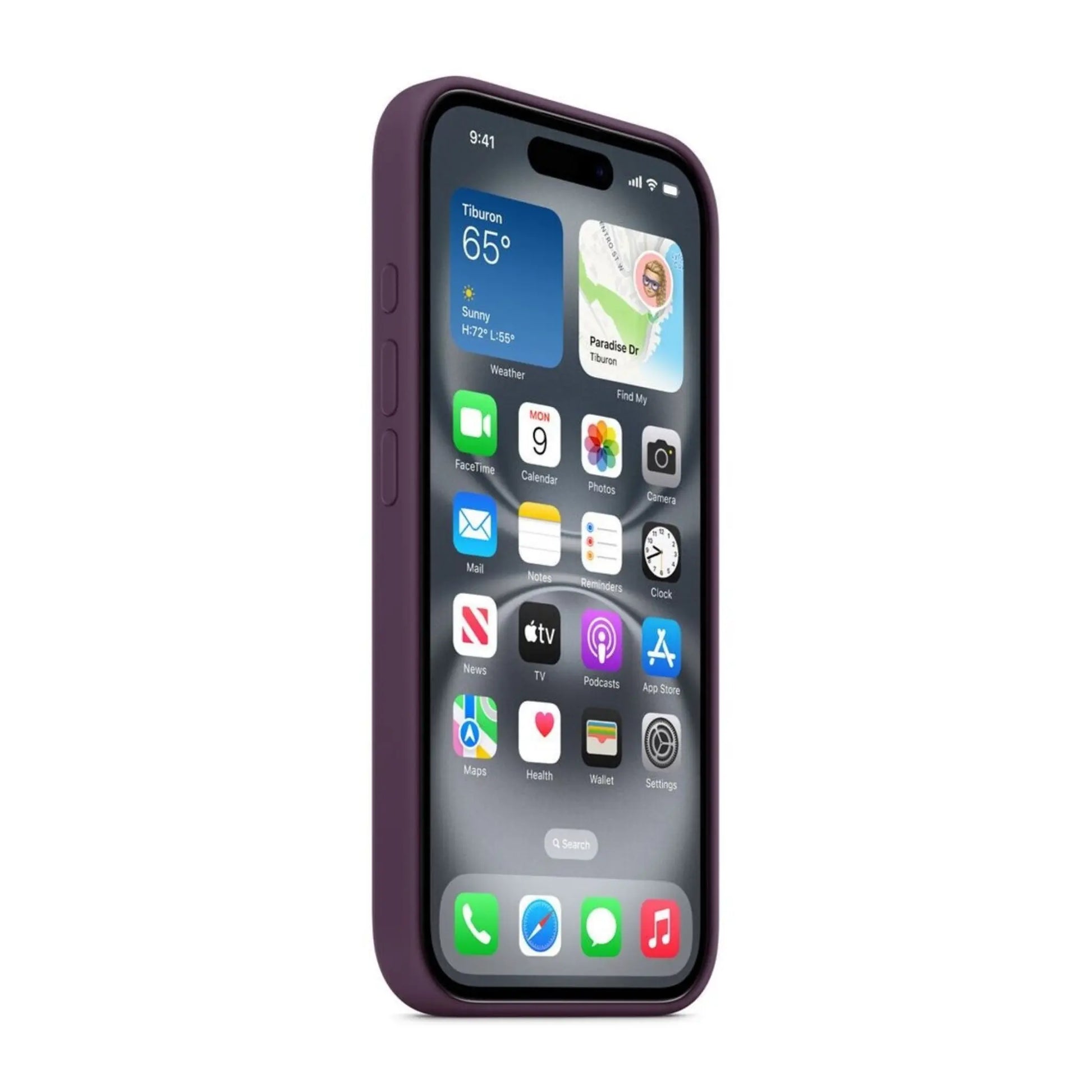 Das Bild zeigt die Apple iPhone Handyhülle MYYD3ZM/A aus Silikon. Sie ist kompatibel mit dem iPhone 16 Plus. In der Farbe Pflaume aus der Schrägansicht.