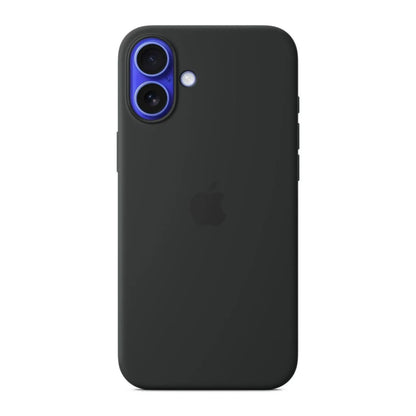 Das Bild zeigt die Apple iPhone Handyhülle MYY93ZM/A aus Silikon. Sie ist kompatibel mit dem iPhone 16 Plus. In der Farbe Schwarz aus der Frontansicht.