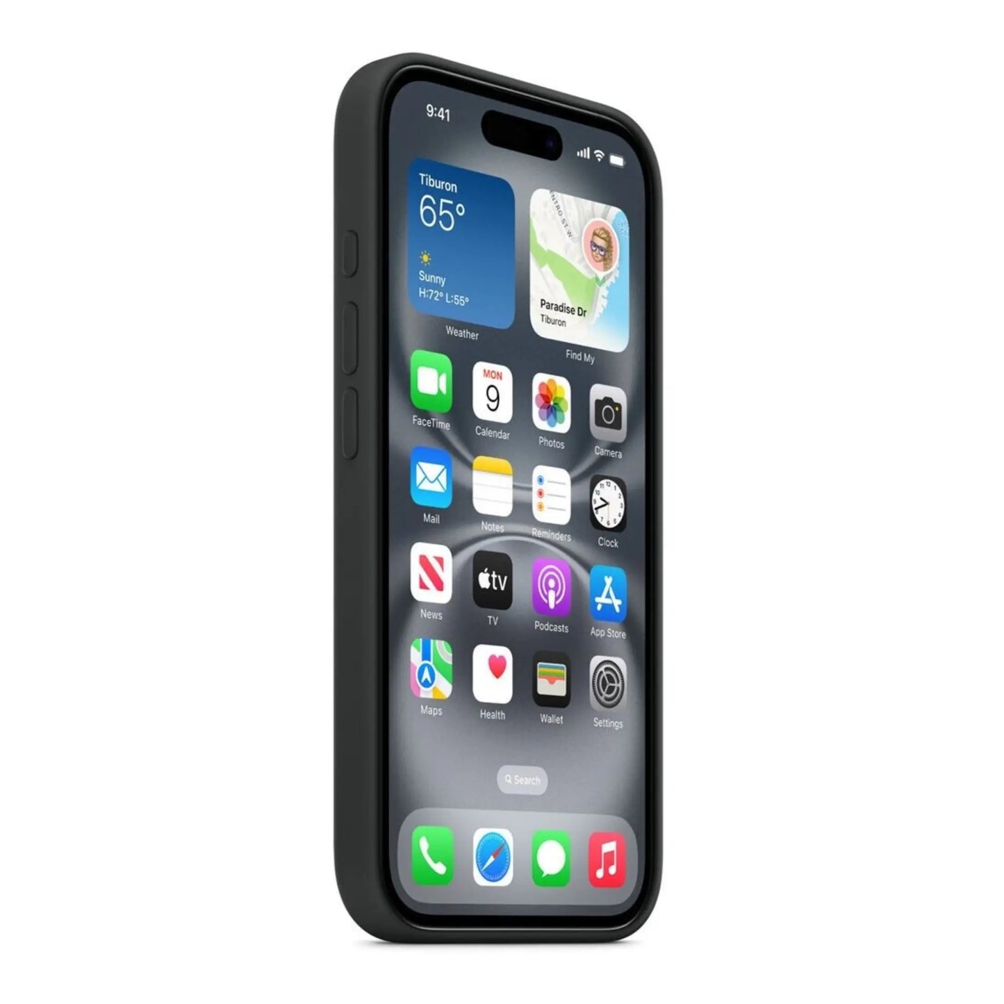 Das Bild zeigt die Apple iPhone Handyhülle MYY93ZM/A aus Silikon. Sie ist kompatibel mit dem iPhone 16 Plus. In der Farbe Schwarz aus der Schrägansicht.