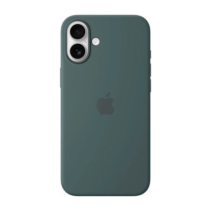 Das Bild zeigt die Apple iPhone Handyhülle MYYH3ZM/A aus Silikon. Sie ist kompatibel mit dem iPhone 16 Plus. In der Farbe Seegrün aus der Frontansicht.
